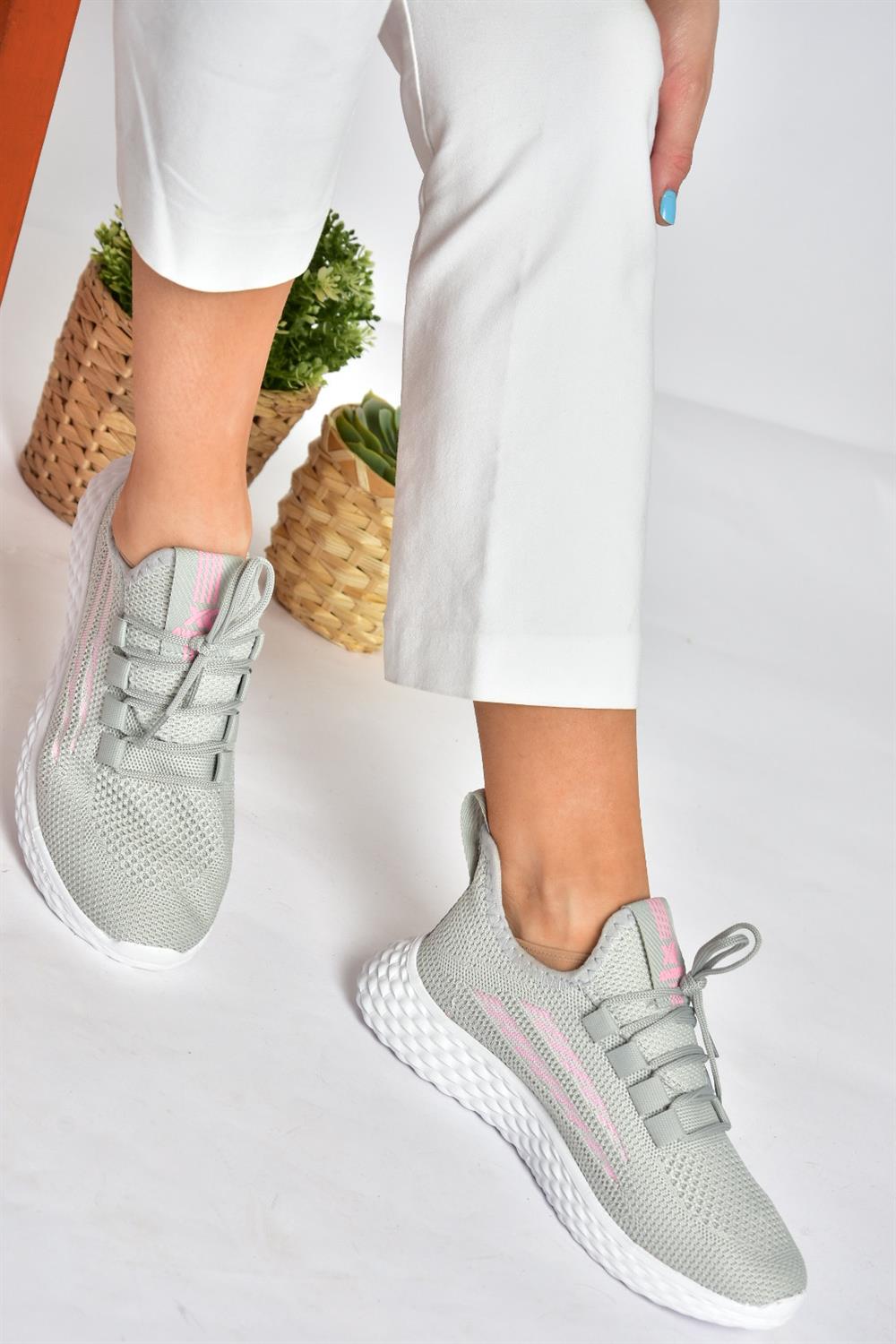 P702213057 Gri Triko Kumaş Kadın Spor Ayakkabı Sneakers
