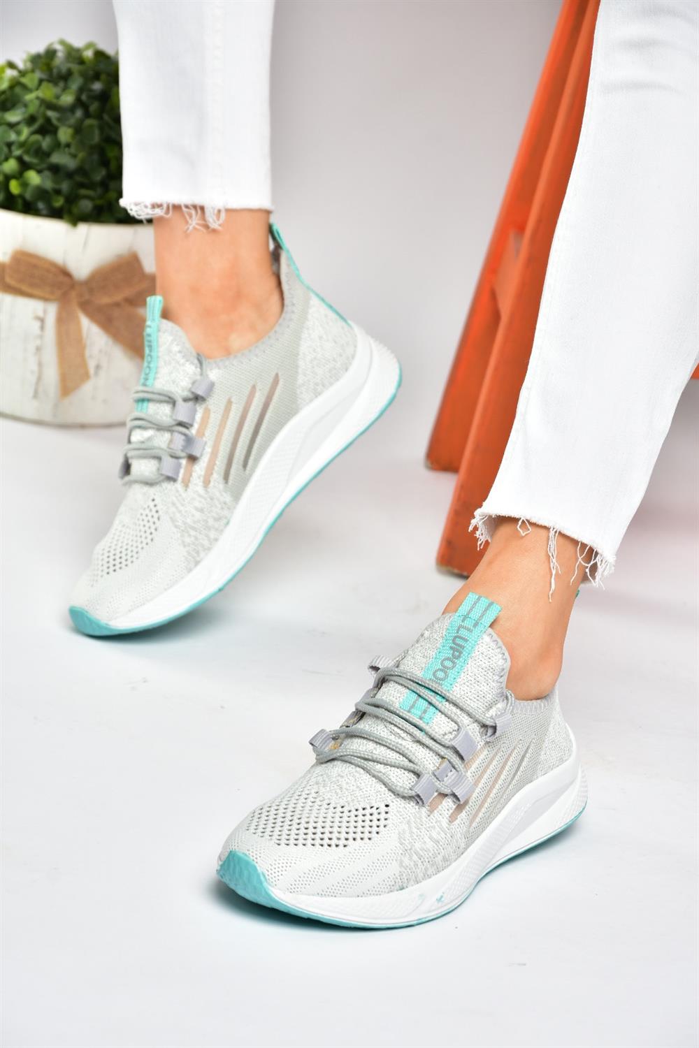 P702650757 Gri/Yeşil Triko Kumaş Kadın Spor Ayakkabı Sneakers