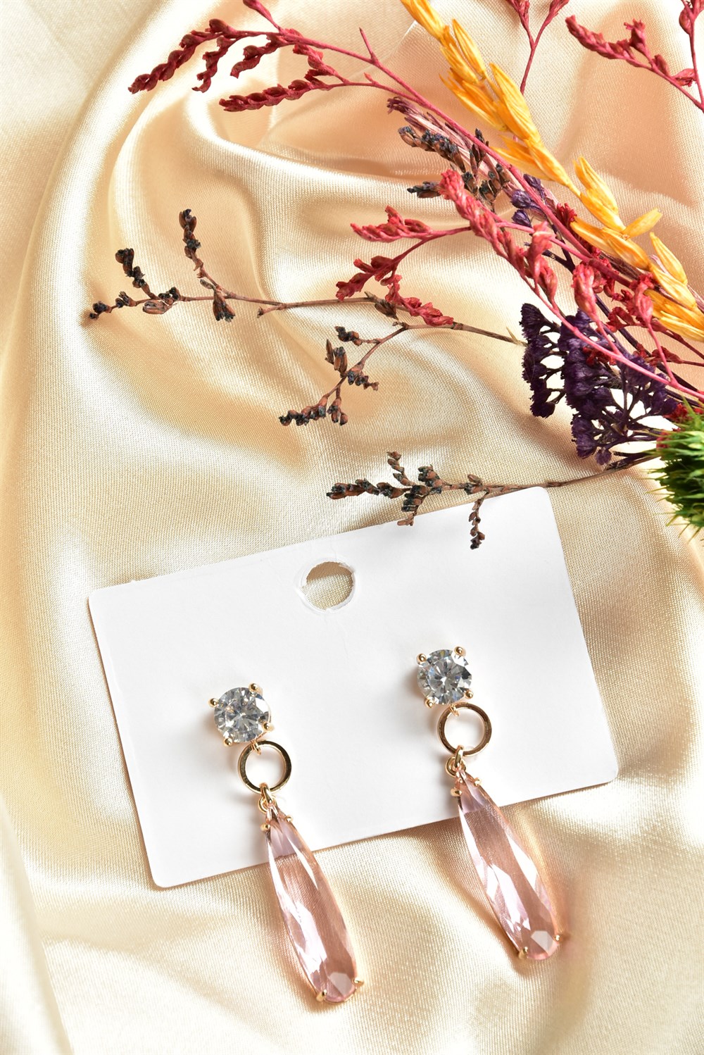 Pırlanta Detay Pembe Taşlı Sallantılı Küpe KA061235