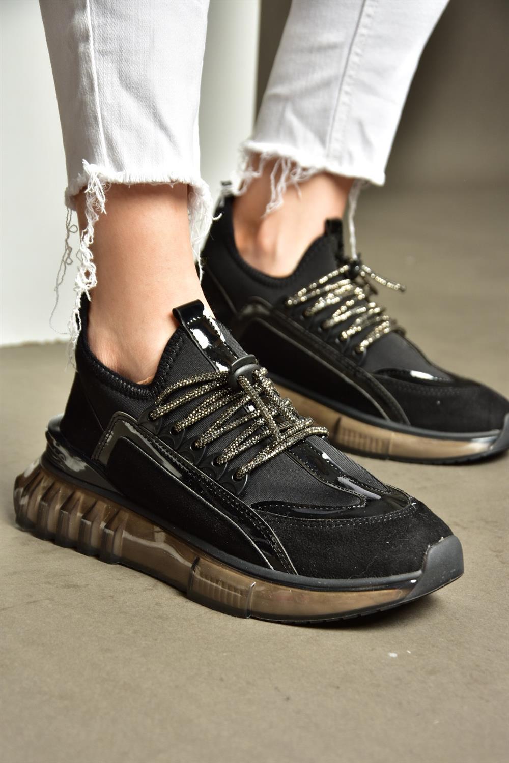 R820201002 Siyah Süet Taş Detaylı Spor Ayakkabı Sneakers