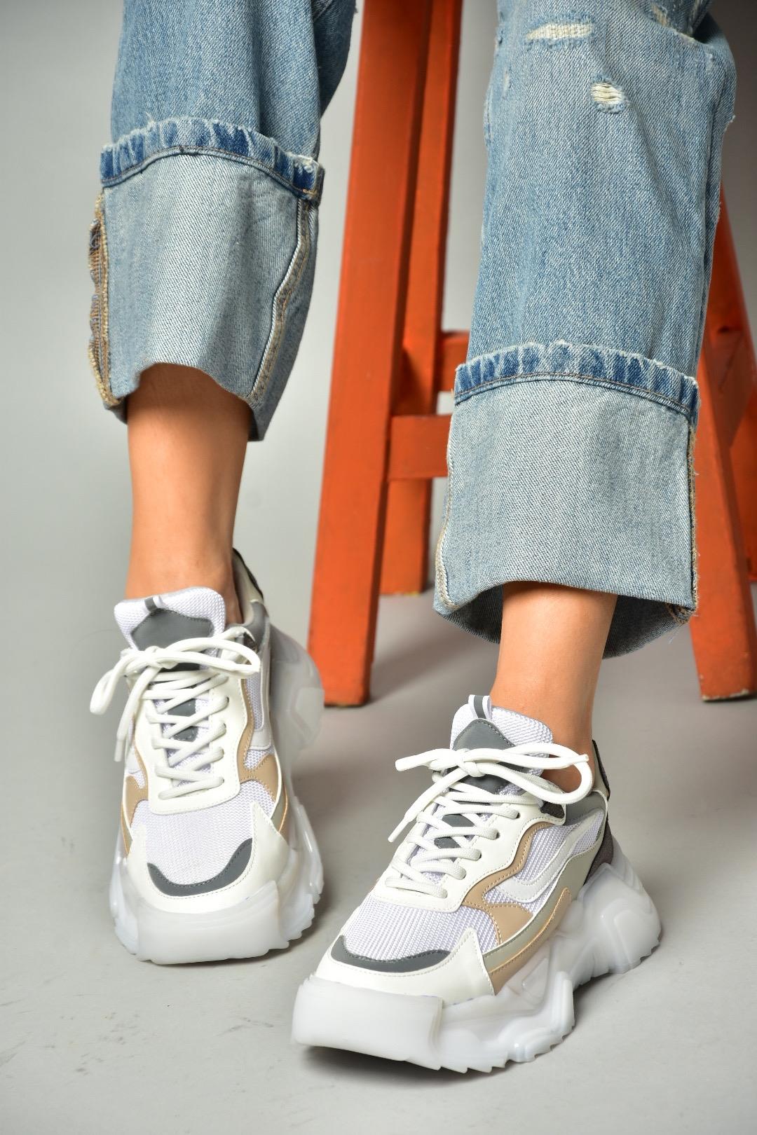 S312612404 Beyaz Kumaş Kalın Tabanlı Spor Ayakkabı Sneakers