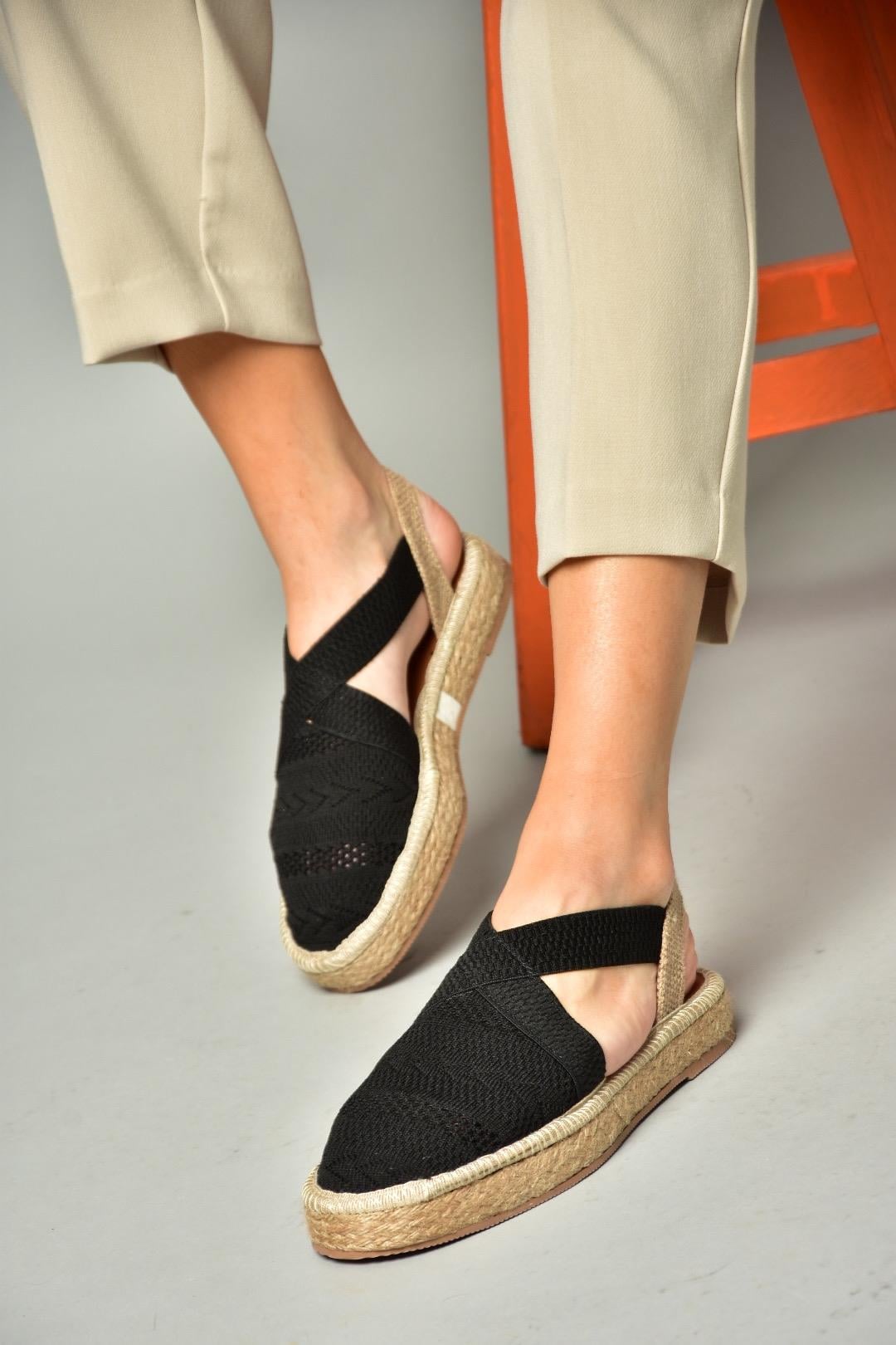S404010106 Siyah Dantel Kumaş Kadın Espadril Sandalet