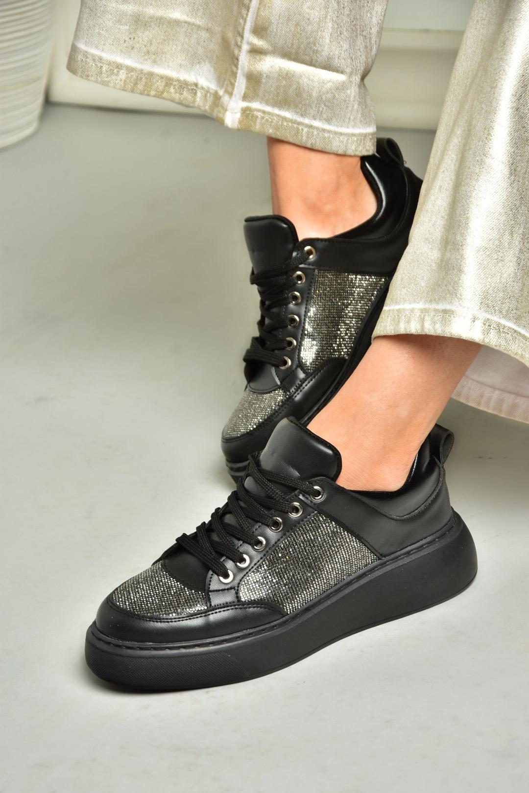 S820085409 Siyah Taş Detaylı Kadın Spor Ayakkabı Sneakers