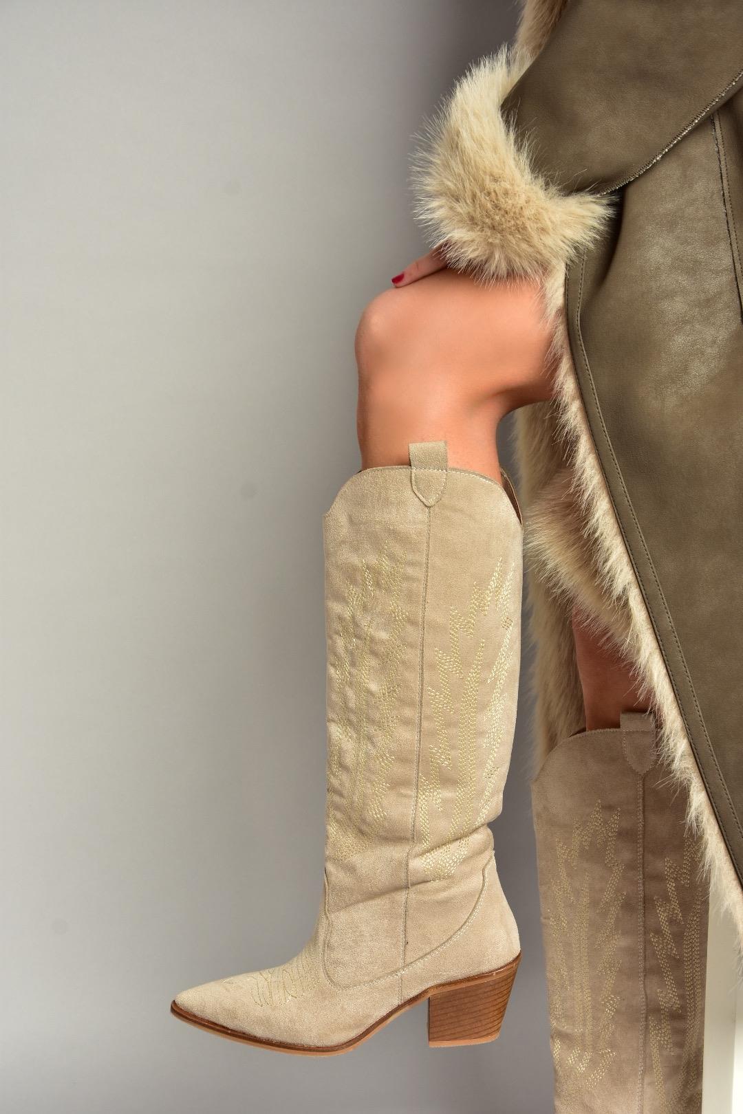 T267765202 Bej Süet Kovboy Model Kadın Çizme