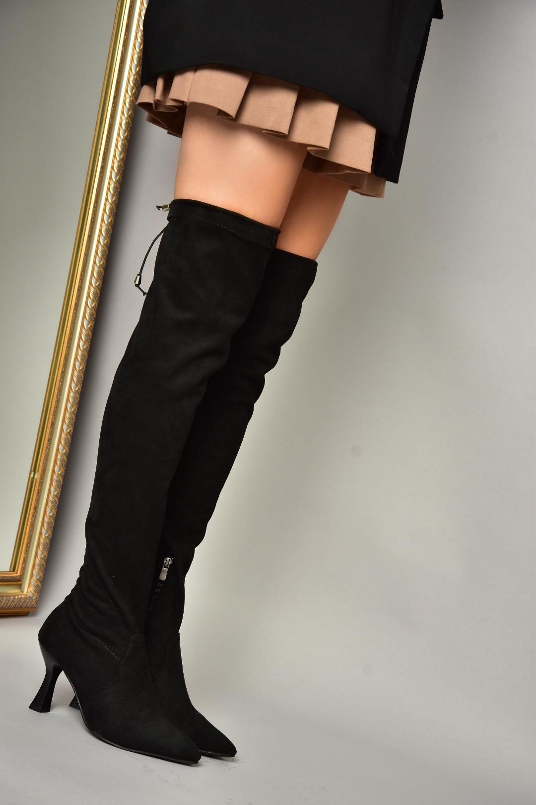 T268936002 Siyah Süet İnce Topuklu Çorap Çizme