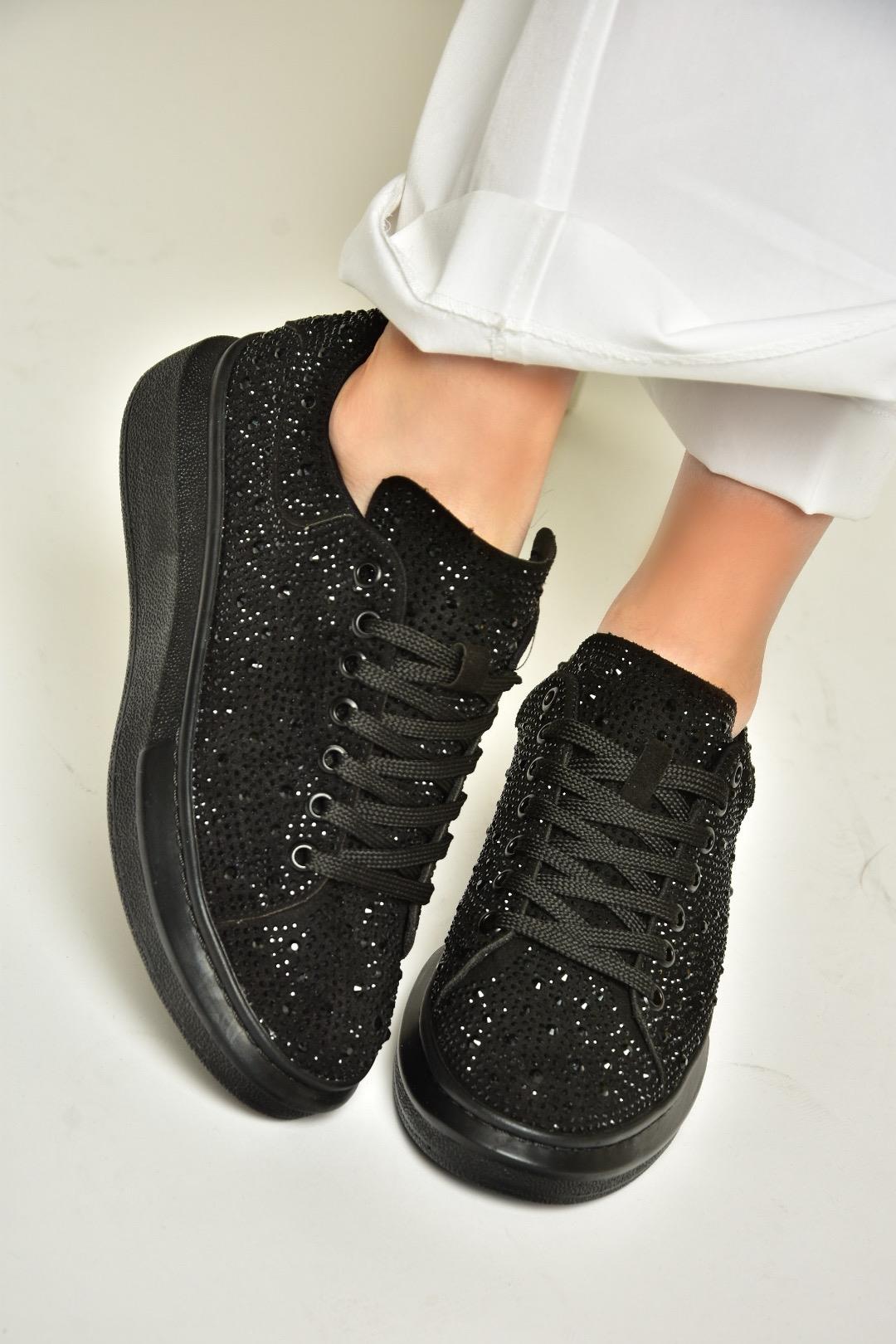 T820005009 Siyah Taşlı Kadın Spor Ayakkabı Sneakers