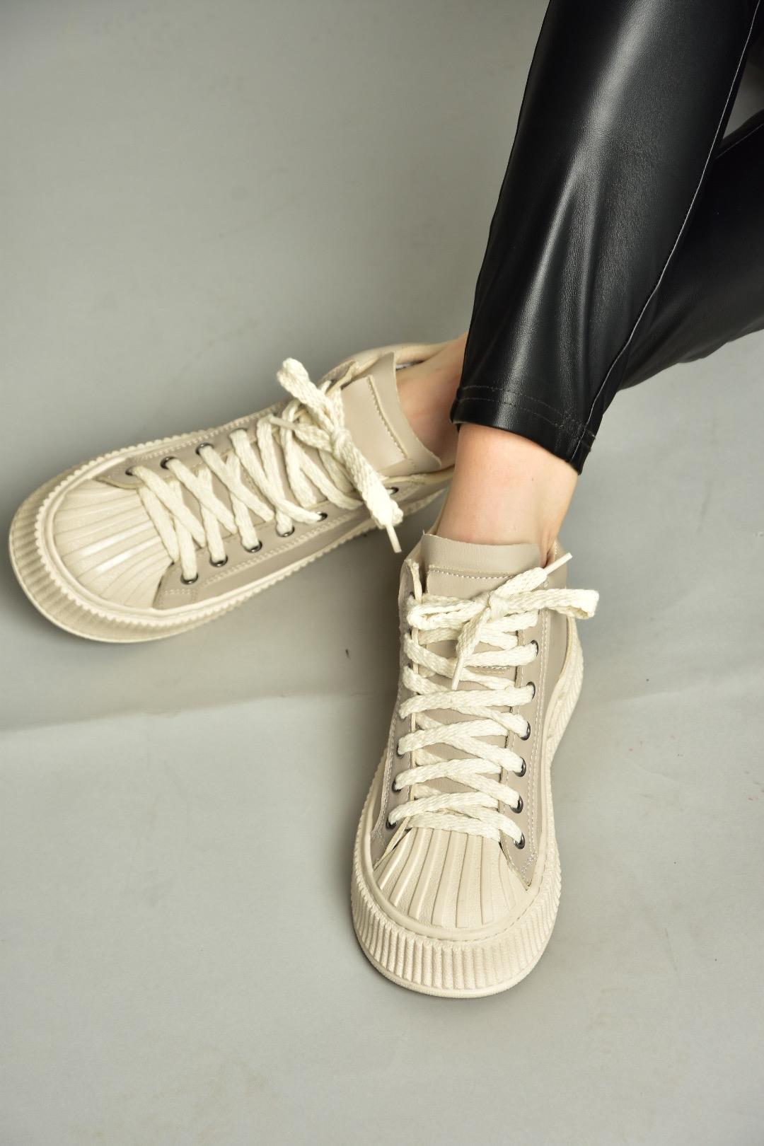 T973599609 Bej Yüksek Bilekli Spor Ayakkabı Sneakers