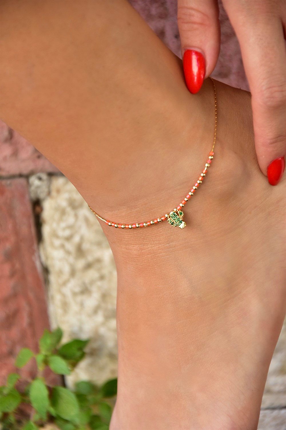 Turuncu Taş Detaylı Kaktüs Uçlu Gold Zincir Halhal KA071263