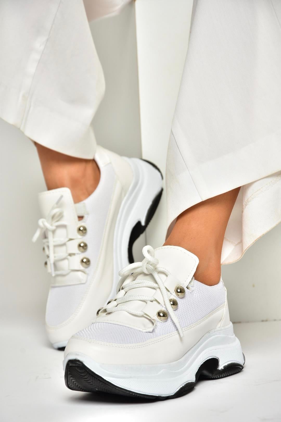 U239032604 Beyaz Kumaş Kalın Tabanlı Spor Ayakkabı Sneakers