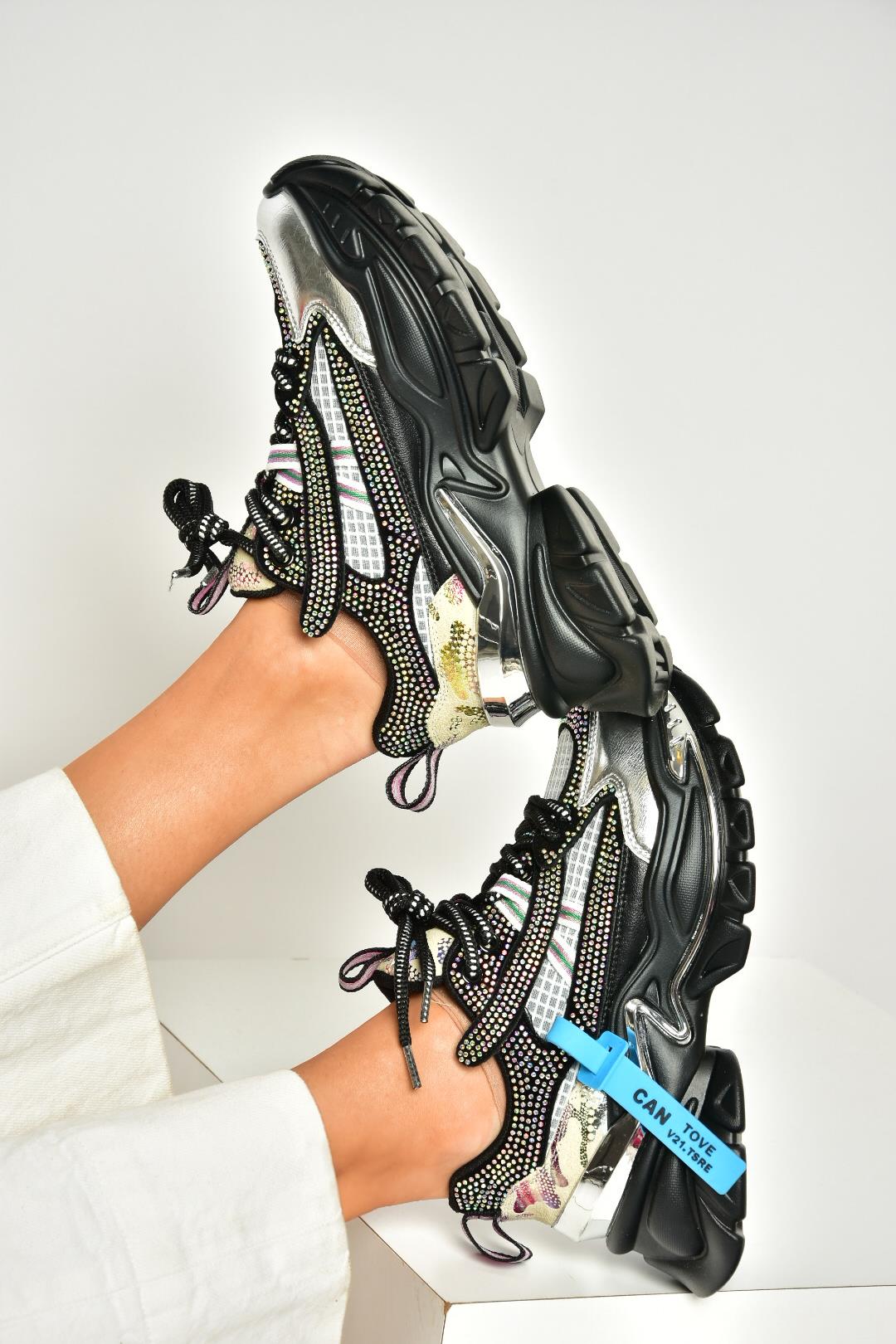 U380141309 Siyah Taş Detaylı Spor Ayakkabı Sneakers