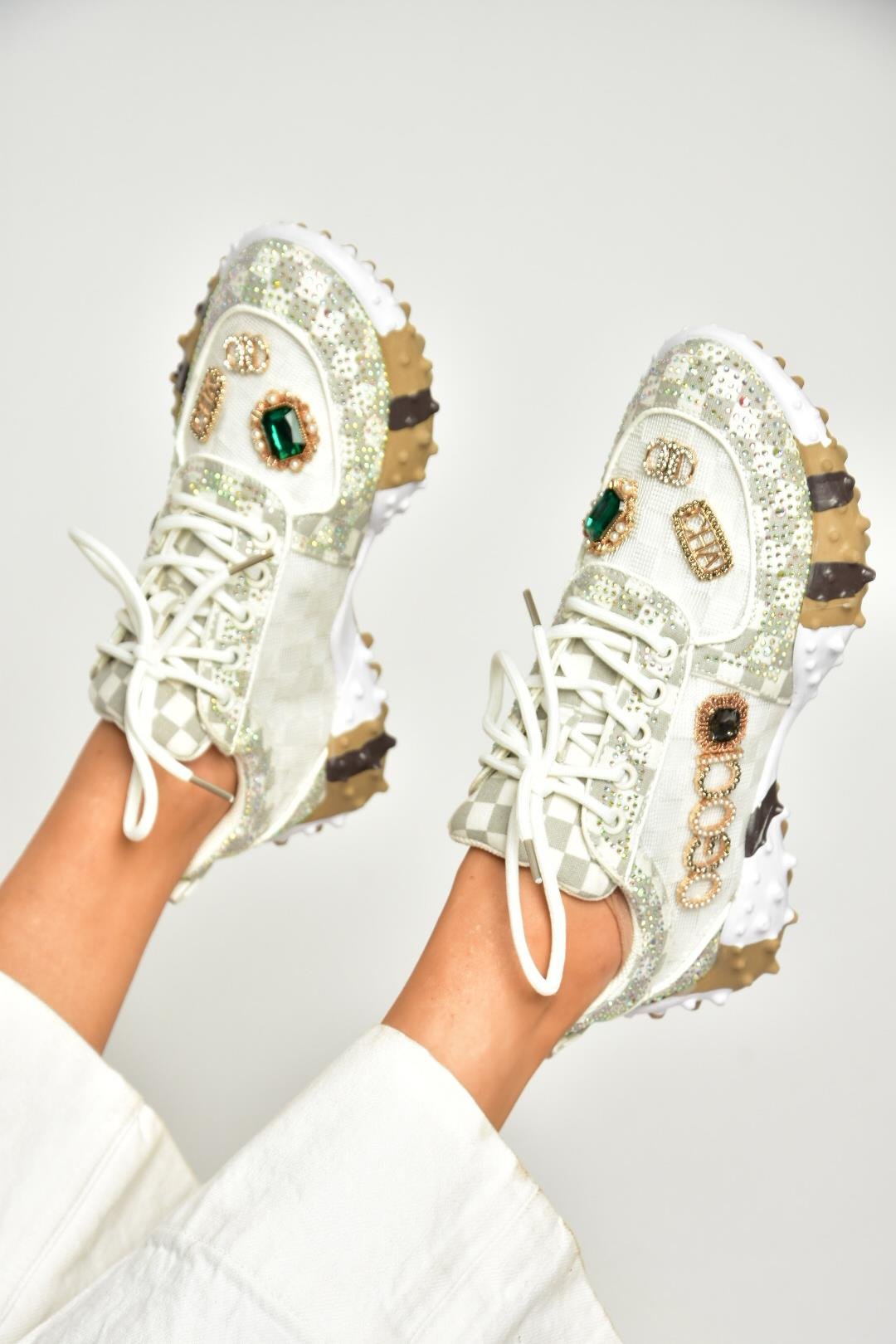 U380143604 Bej Kumaş Taşlı Spor Ayakkabı Sneakers