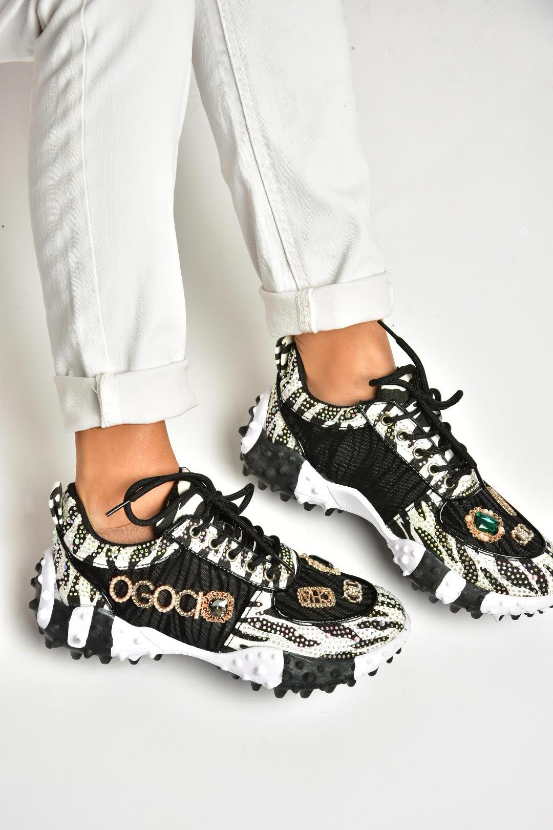 U380143604 Siyah Kumaş Taşlı Spor Ayakkabı Sneakers