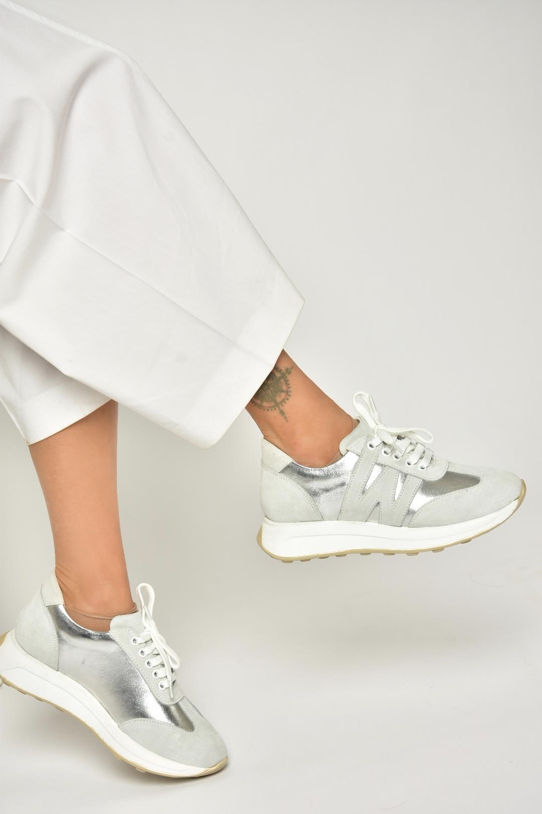 U540039903 Gümüş Hakiki Deri Spor Ayakkabı Sneakers