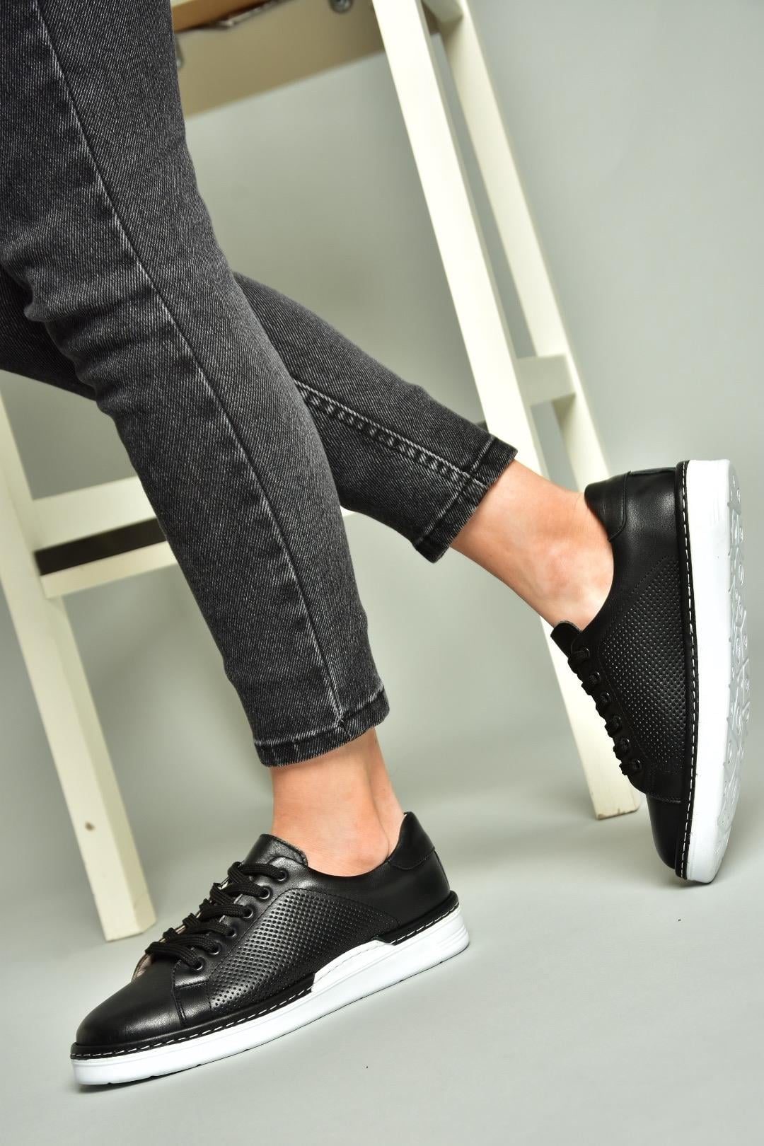 U555025203 Siyah Hakiki Deri Kadın Spor Ayakkabı Sneakers