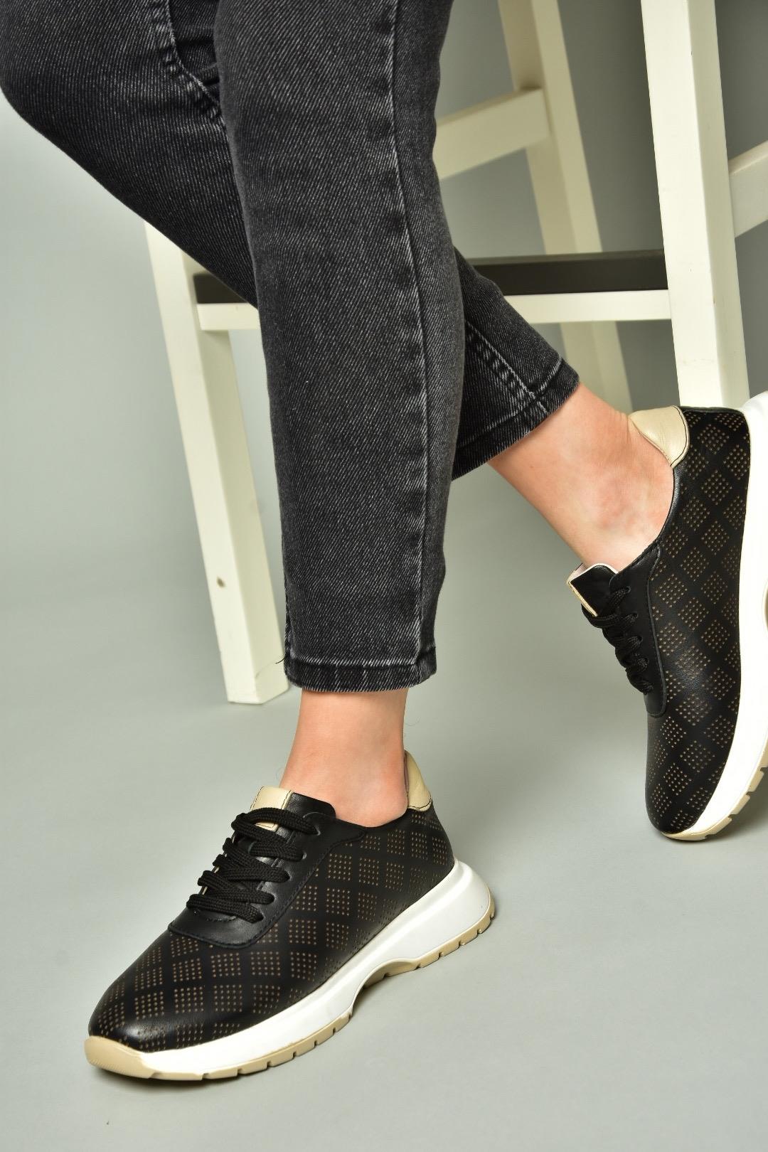 U555025603 Siyah Hakiki Deri Kadın Spor Ayakkabı Sneakers