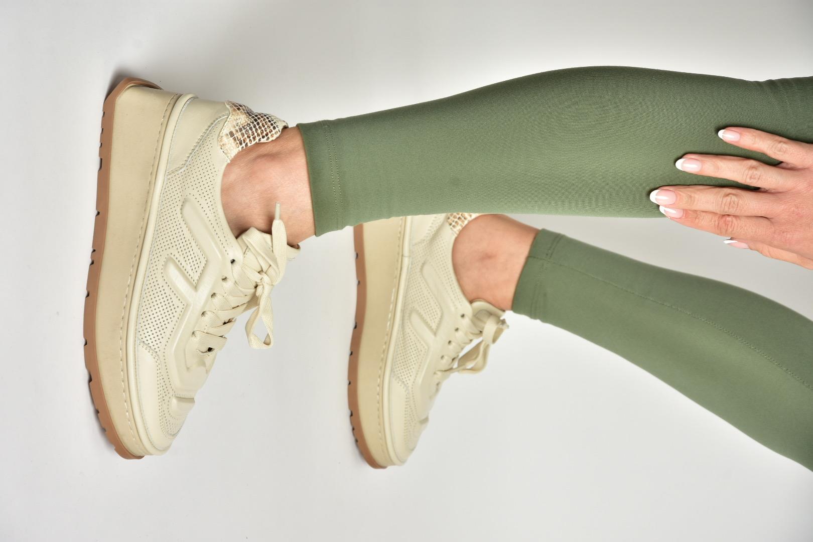 U555605603 Bej Hakiki Deri Kalın Tabanlı Spor Ayakkabı Sneakers