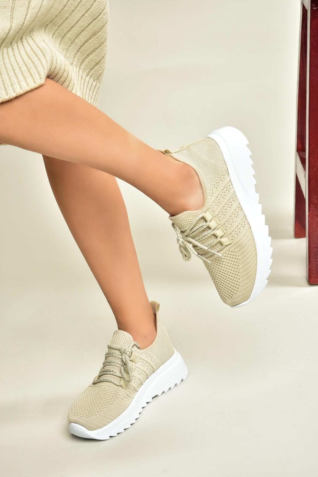 U702101204 Bej Kumaş Spor Ayakkabı Sneakers