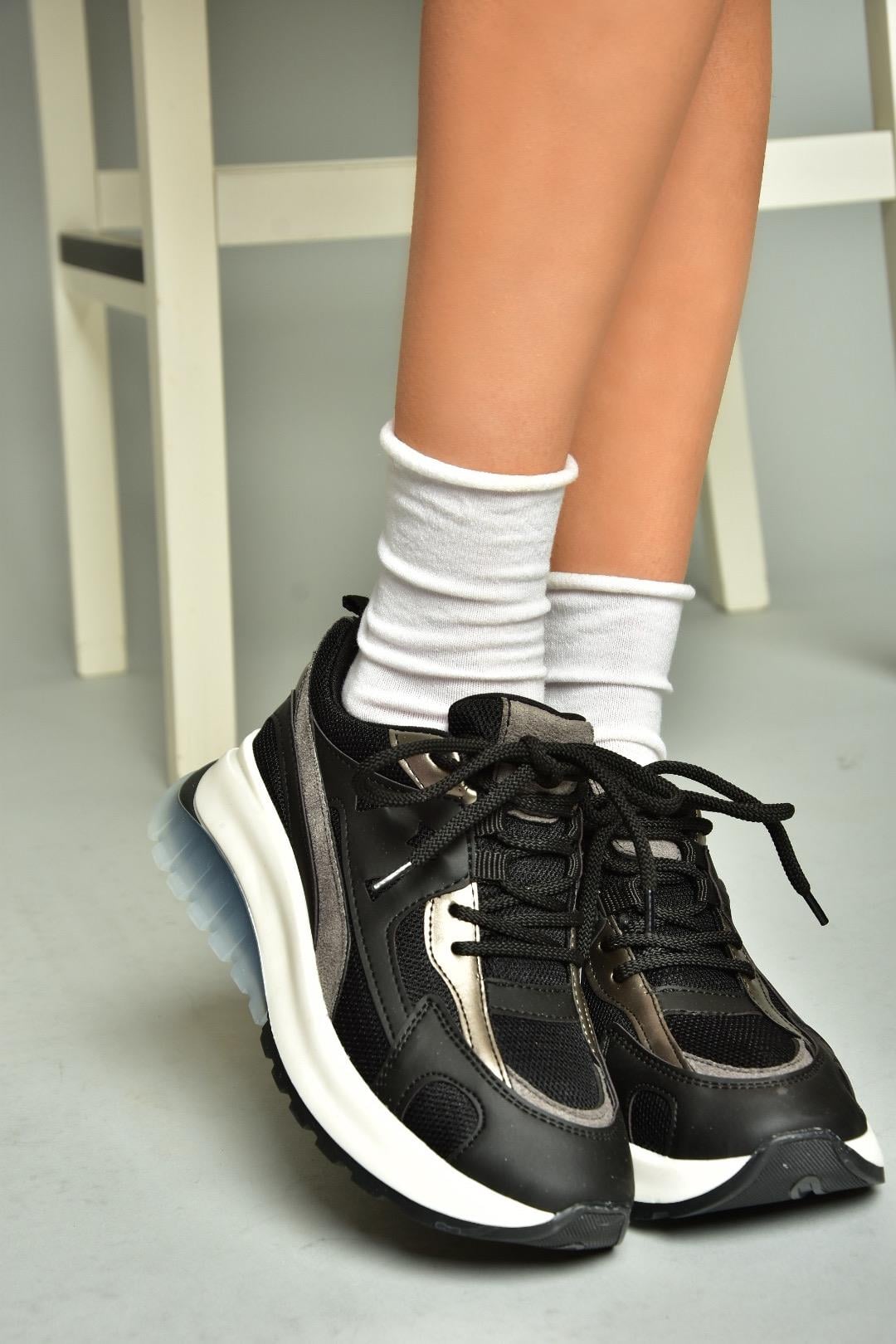 U973213809 Siyah Kalın Tabanlı Spor Ayakkabı Sneakers