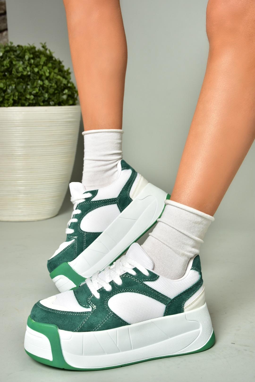 U973219002 Yeşil/Beyaz Süet Kalın Tabanlı Spor Ayakkabı Sneakers