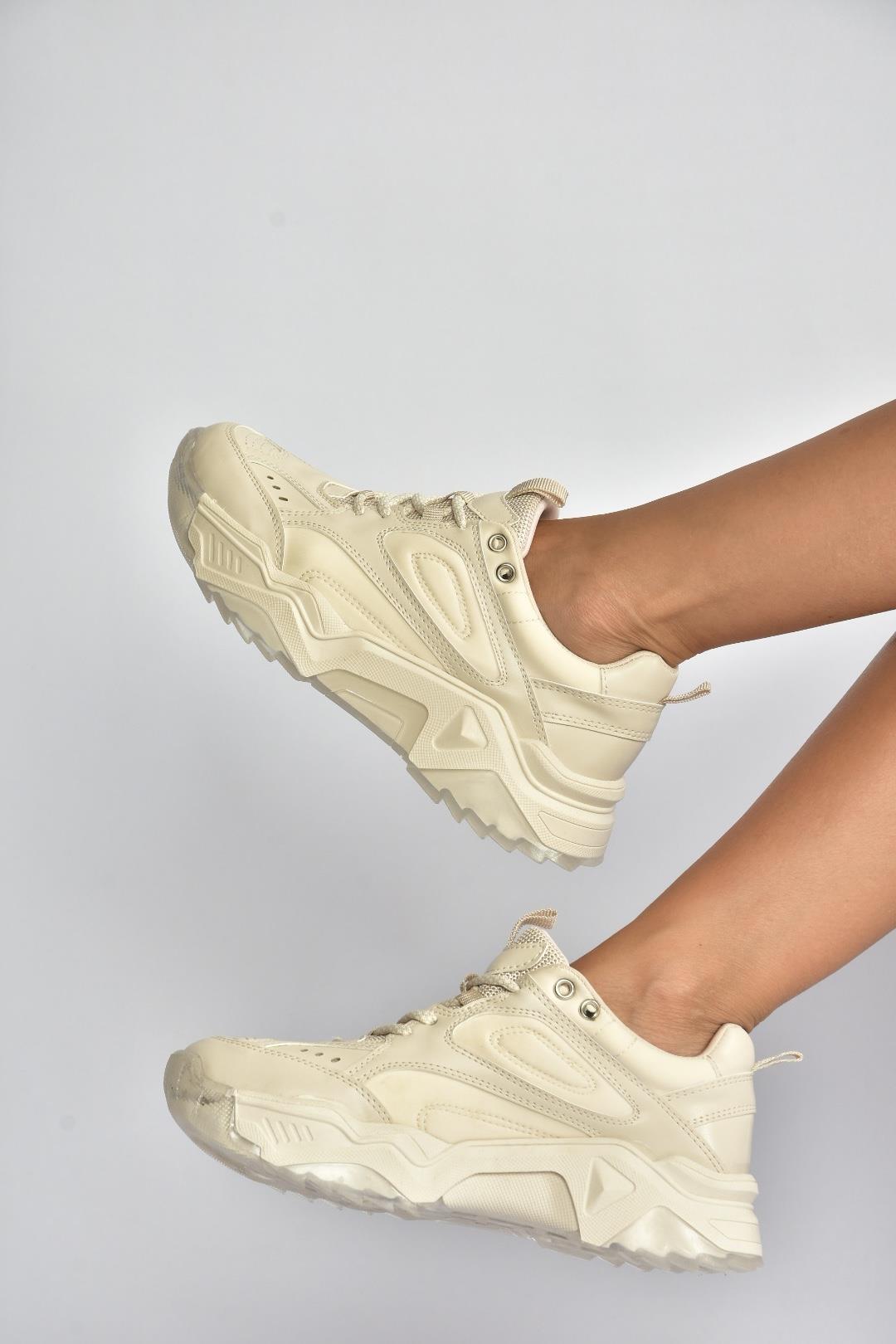 V312611809 Bej Kalın Tabanlı Spor Ayakkabı Sneakers