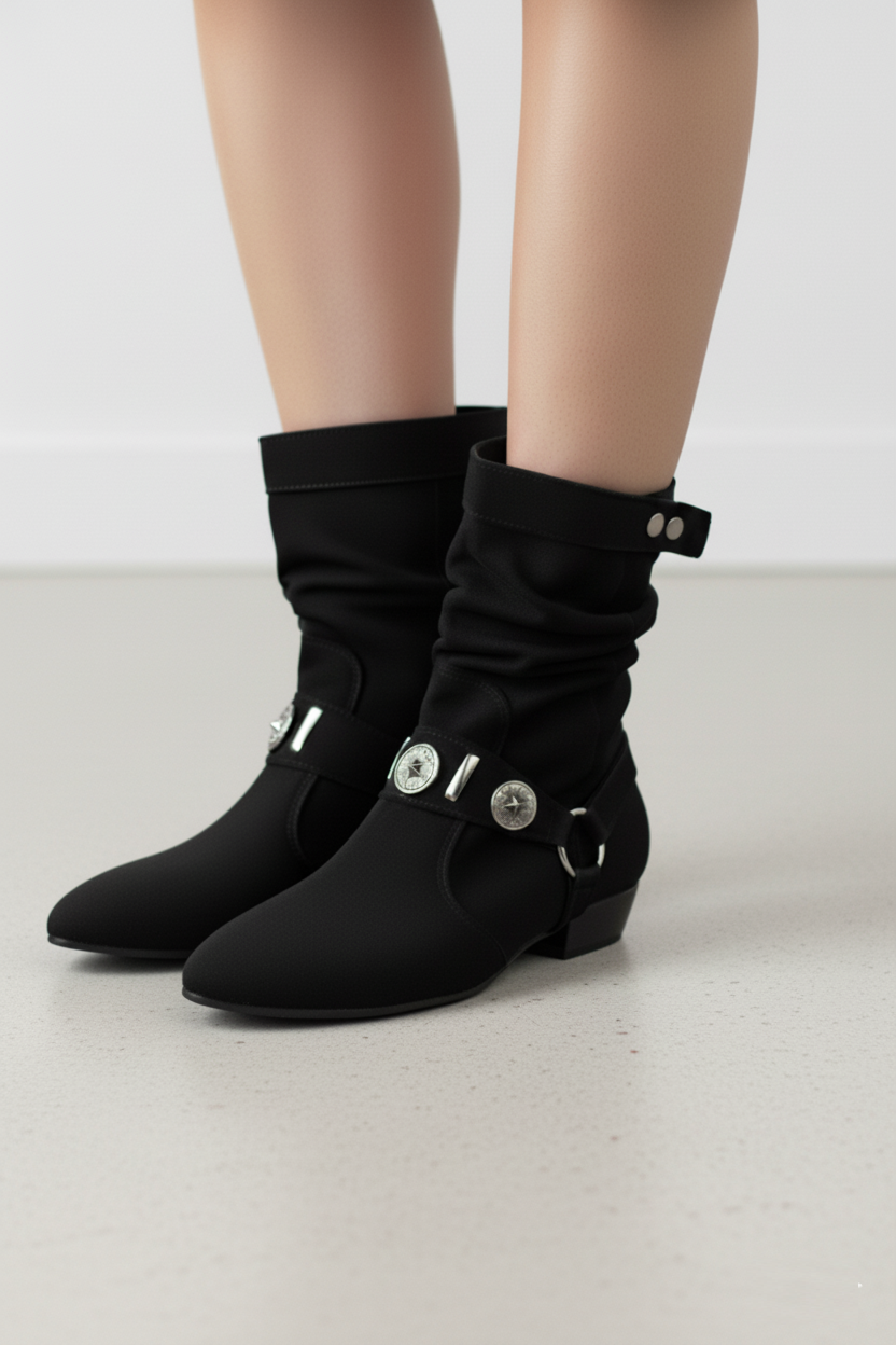 V380519002 Siyah Süet Düz Tabanlı Rahat Kalıp Kadın Bot
