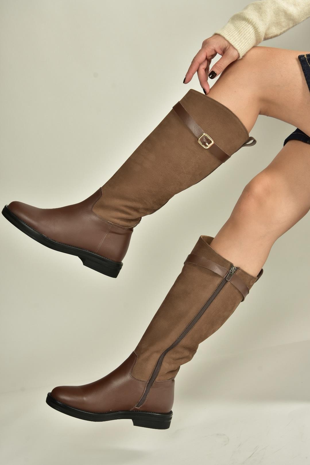 V654002803 Kahverengi Hakiki Deri Düz Tabanlı Binici Çizmesi