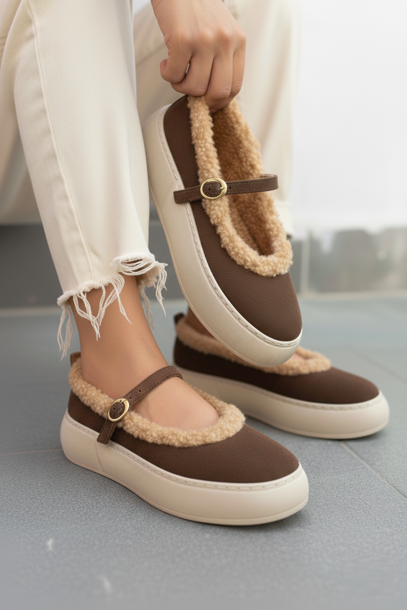 V811269502 Kahverengi Süet İçi Kürklü Günlük Kadın Ayakkabı