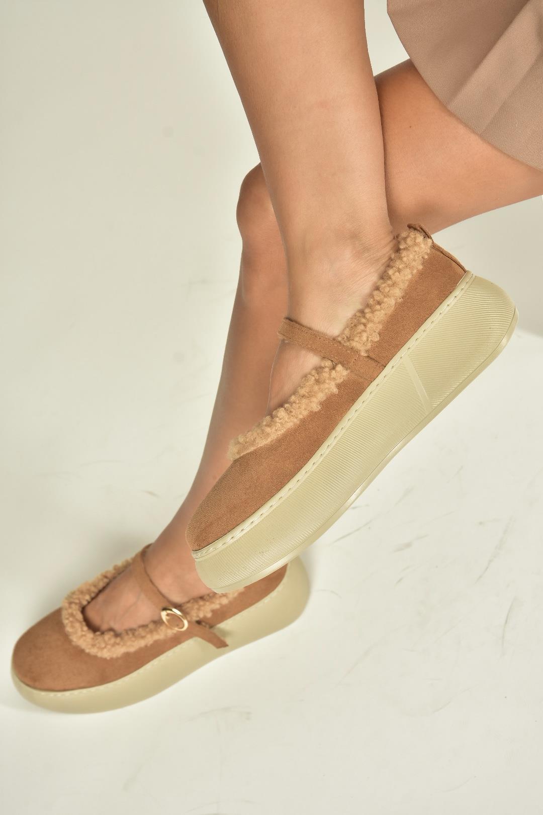 V811269502 Taba Süet İçi Kürklü Günlük Kadın Ayakkabı