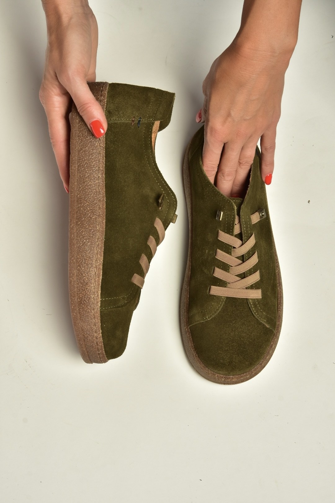 V999060502 Haki Hakiki Deri Süet Kadın Spor Ayakkabı Sneakers