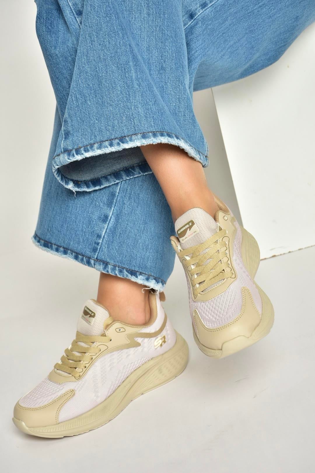 Y702500804 Bej Kumaş Kalın Tabanlı Spor Ayakkabı Sneakers