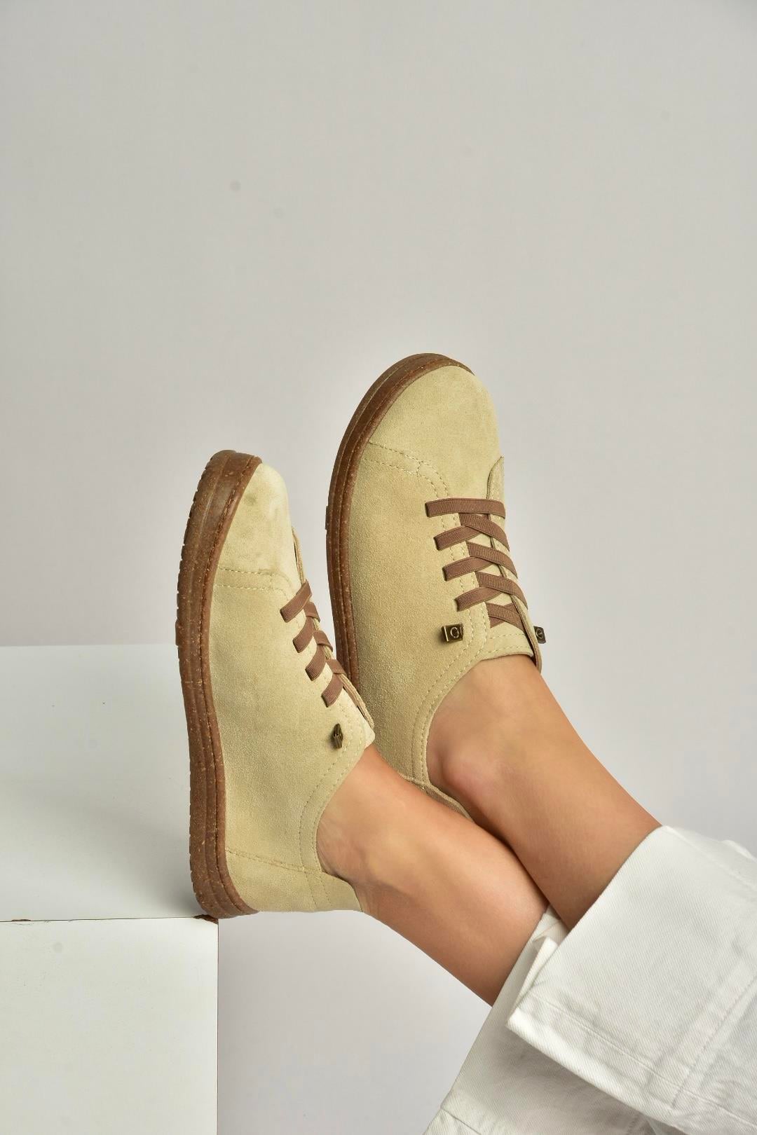 Y999364002 Bej Hakiki Deri Süet Kadın Spor Ayakkabı Sneakers