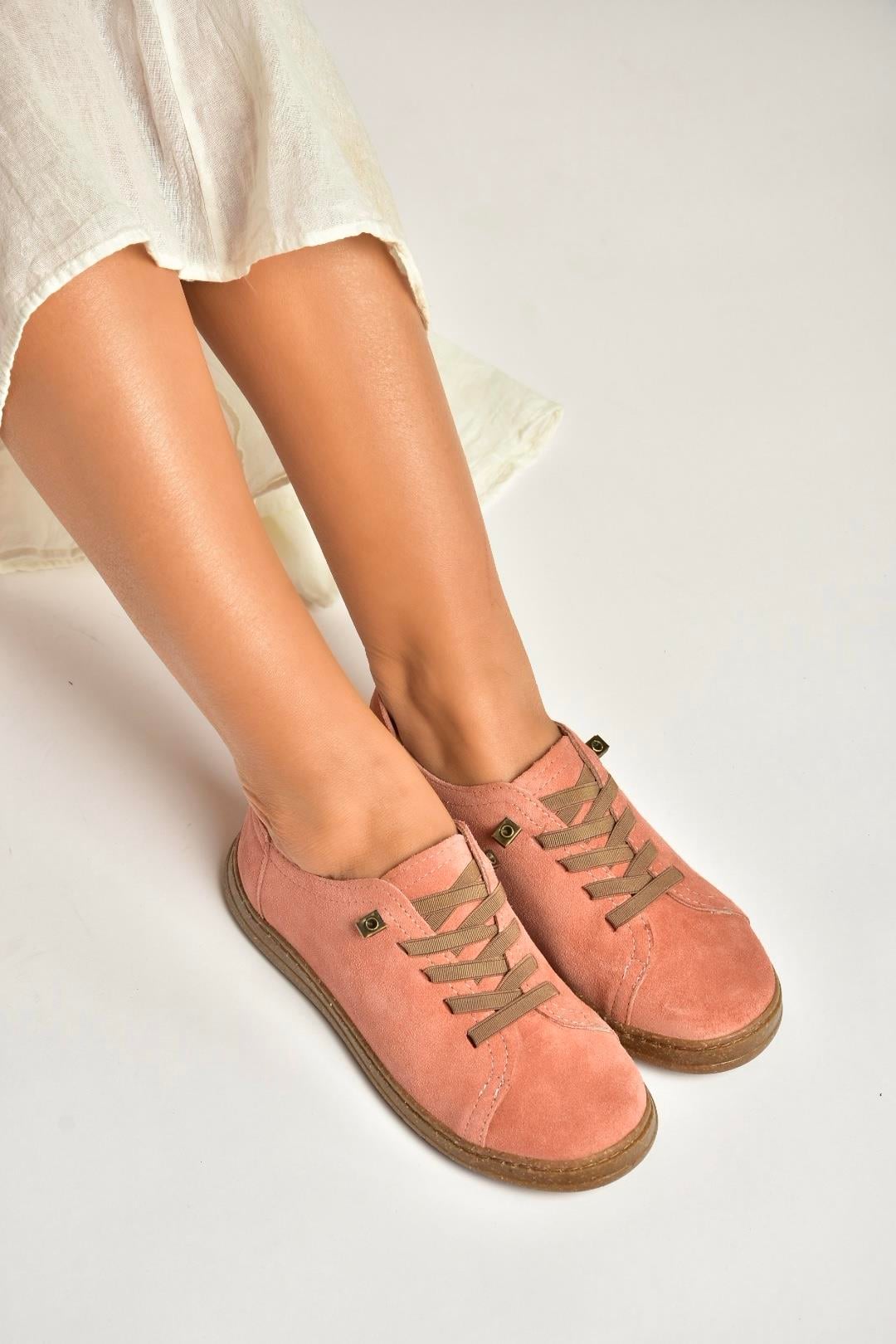 Y999364002 Pudra Hakiki Deri Süet Kadın Spor Ayakkabı Sneakers
