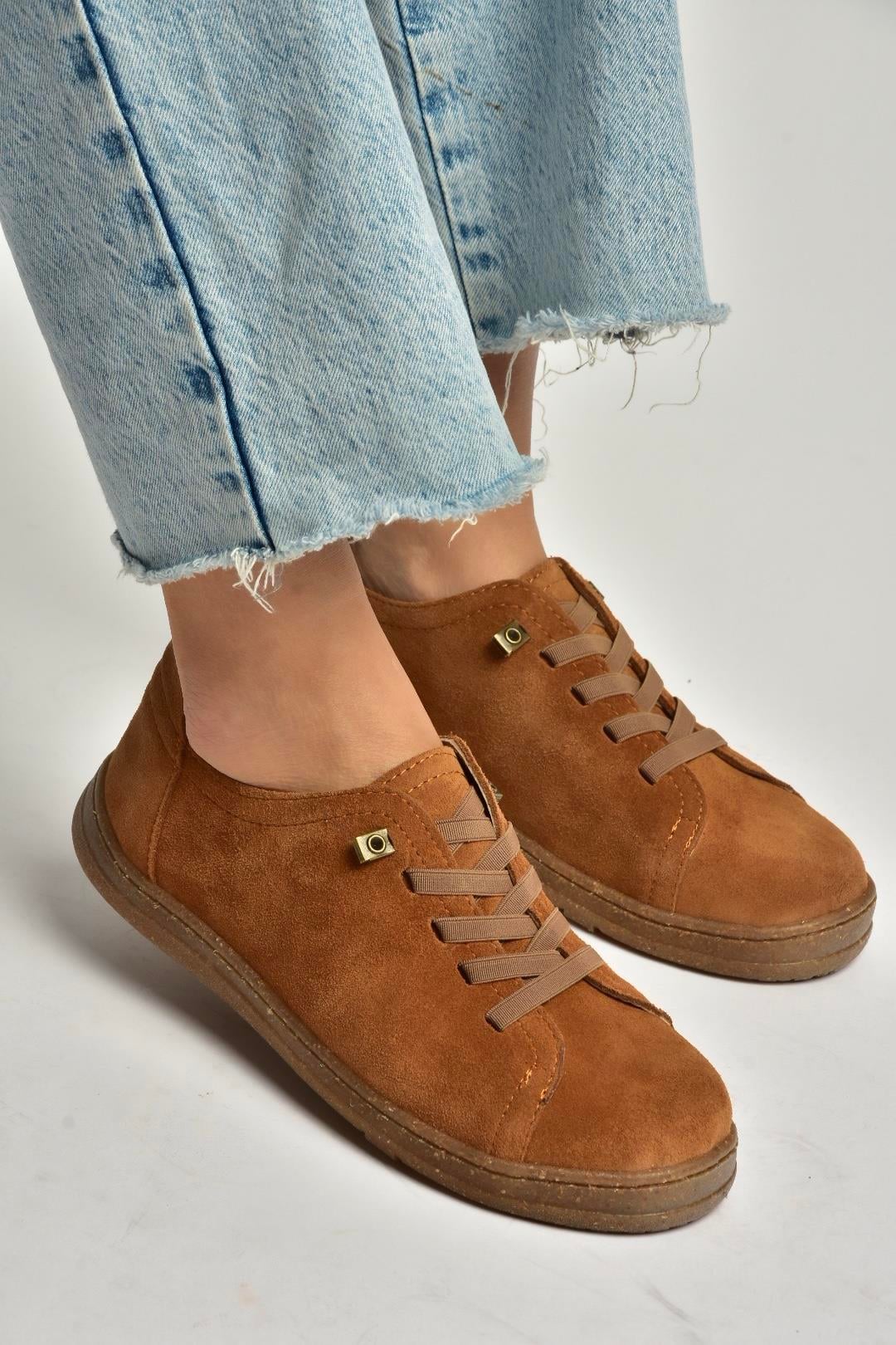 Y999364002 Taba Hakiki Deri Süet Kadın Spor Ayakkabı Sneakers