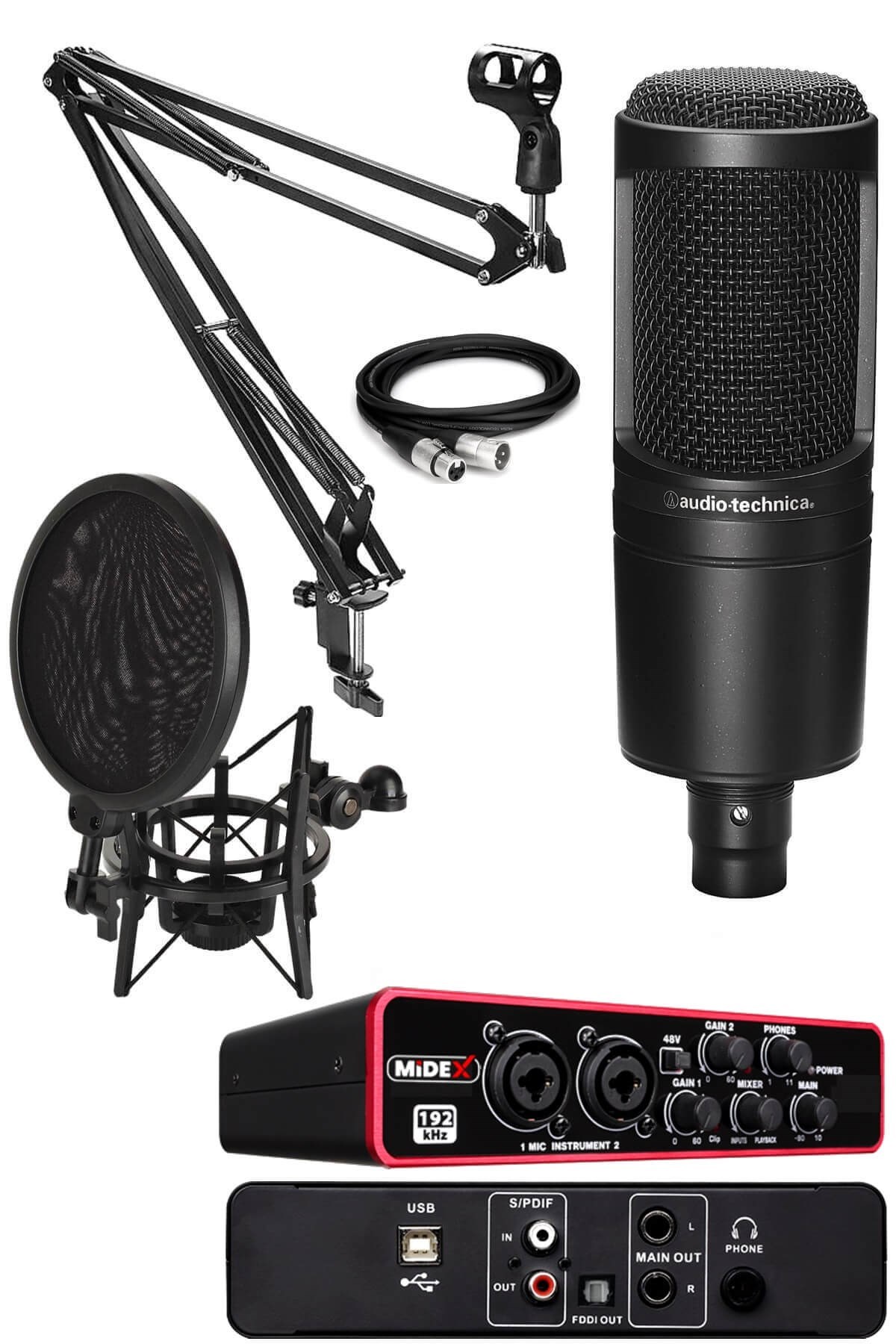 Audio Technica AT2020 Mikrofon Full Set (Ses Kartı Stand Filtre Kablo)