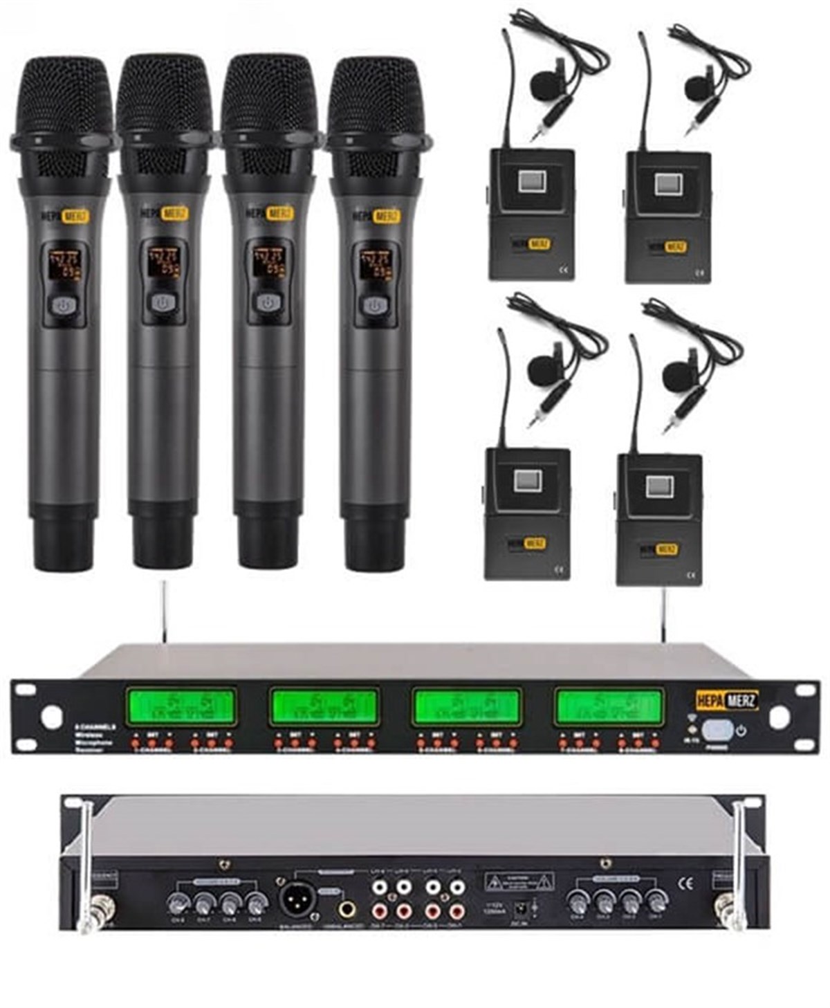 Hepa Merz HM-888EY 8li Telsiz Kablosuz EL ve Yaka Mikrofonu Seti (4 YAKA 4 EL)