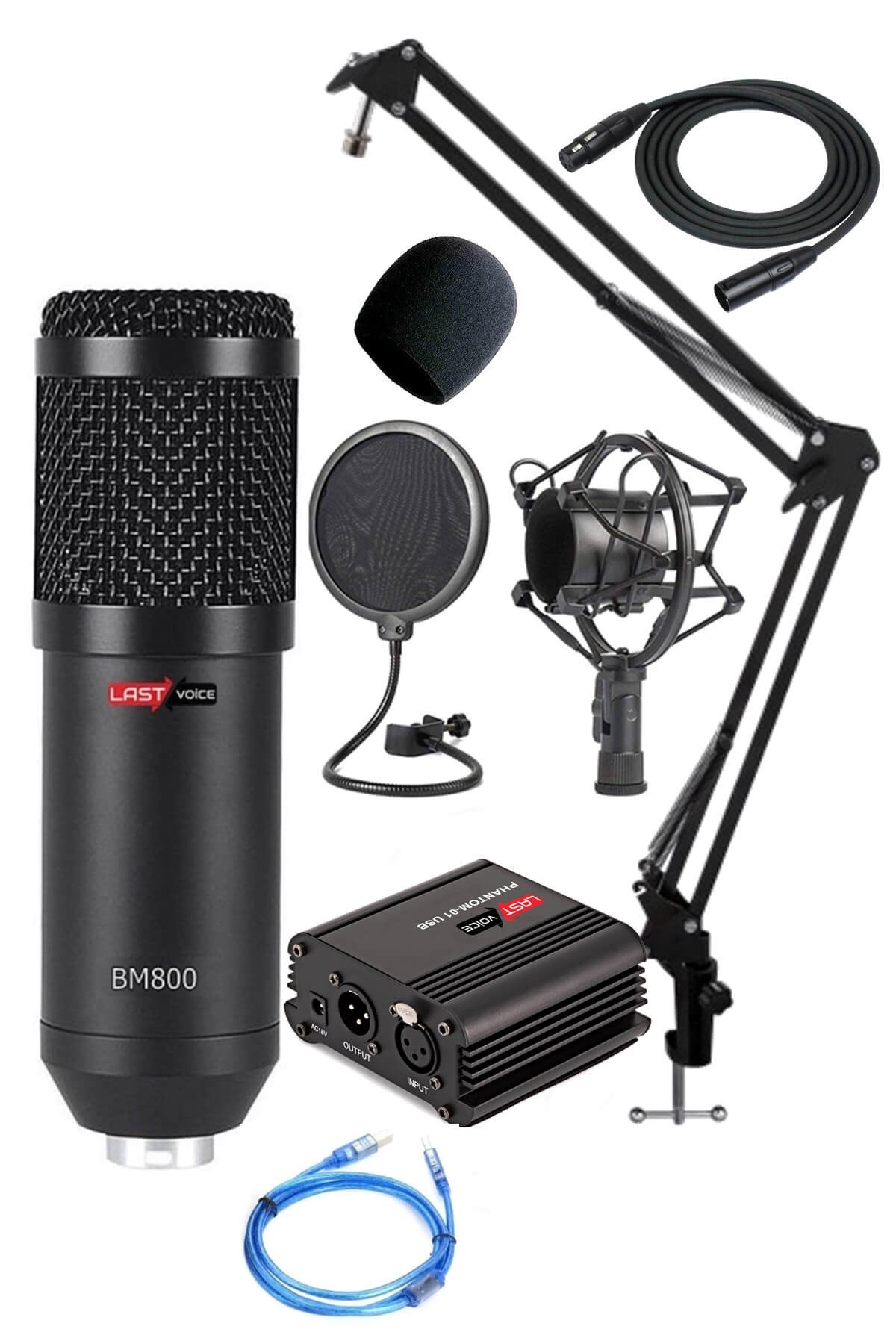 Lastvoice BM800 Full Black Mikrofon Phantom + Stand + Filtre Set