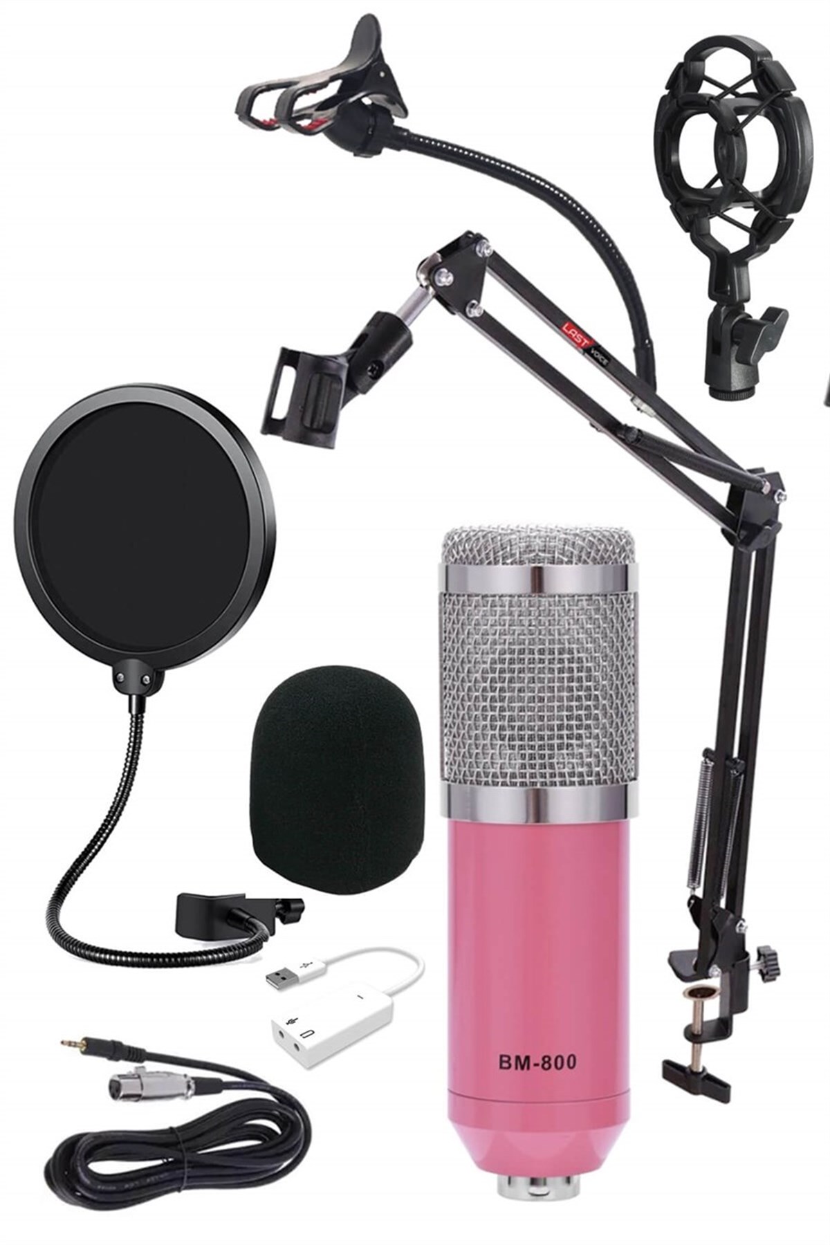 Lastvoice BM800PM Pembe Condenser Mikrofon Seti (Stand Filtre 7.1 Ses Kartı)