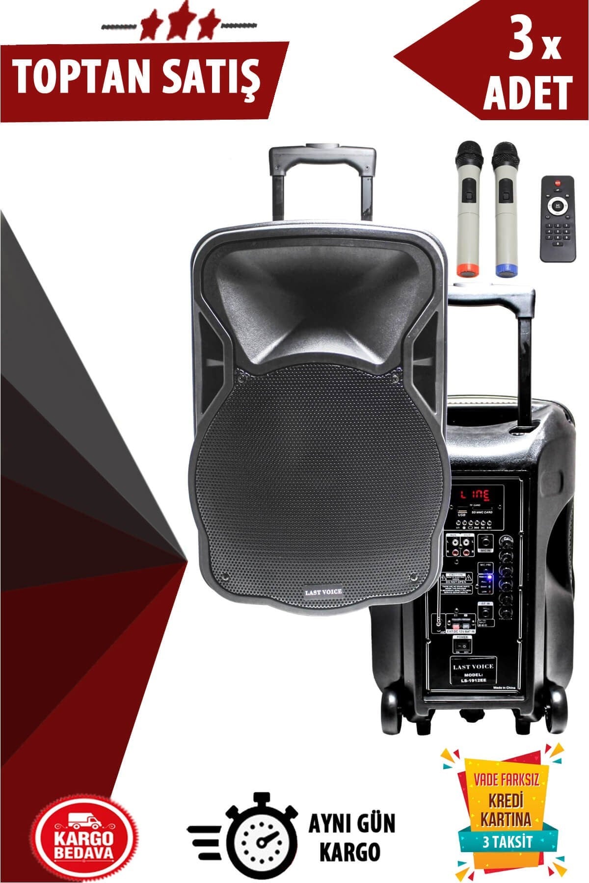 Lastvoice Ls-1912EE Taşınabilir Mikrofonlu Ses Sistemi 800W 3lü Paket (Toptan Alışveriş)