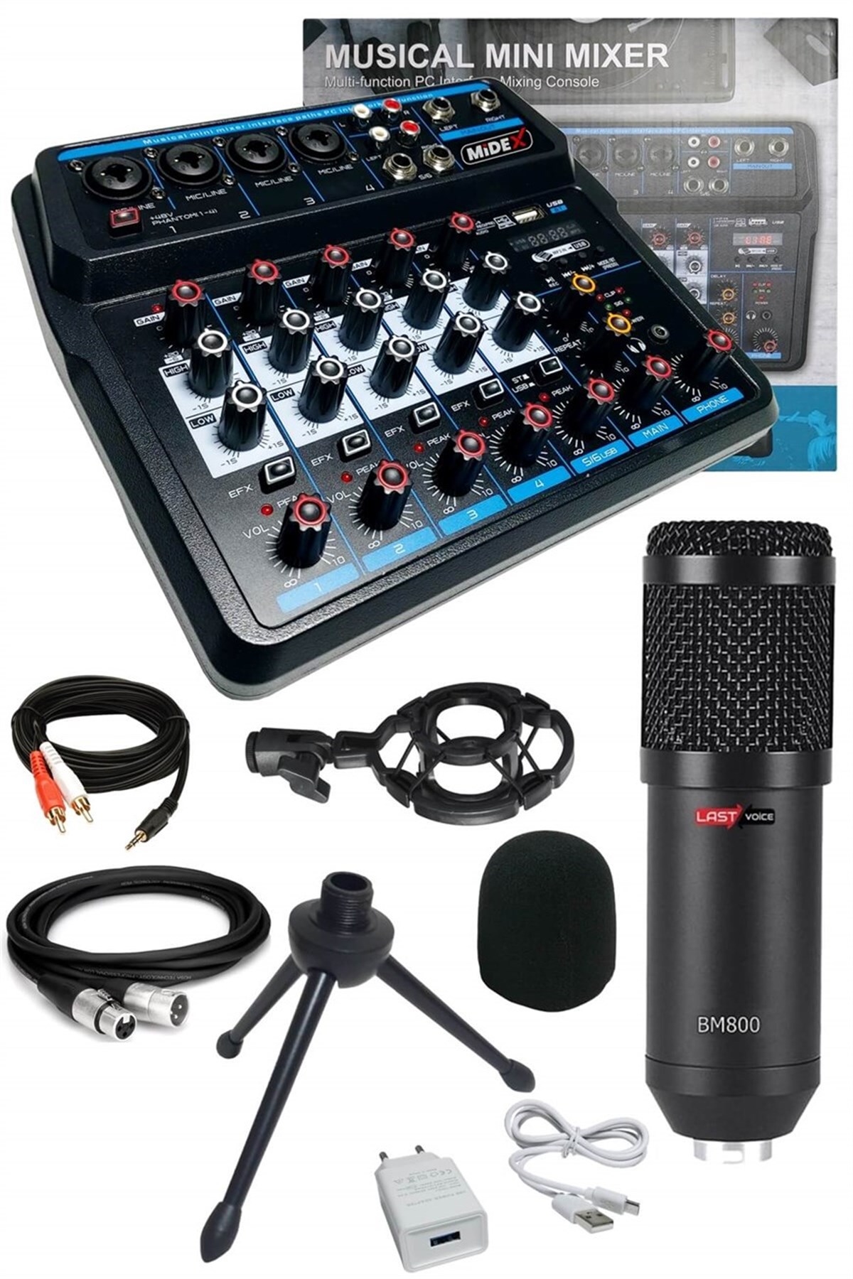 Midex Vokal Paket-1 MX2020 Mikrofon 6 Kanal Stüdyo Mikseri Kulaklık Full Set