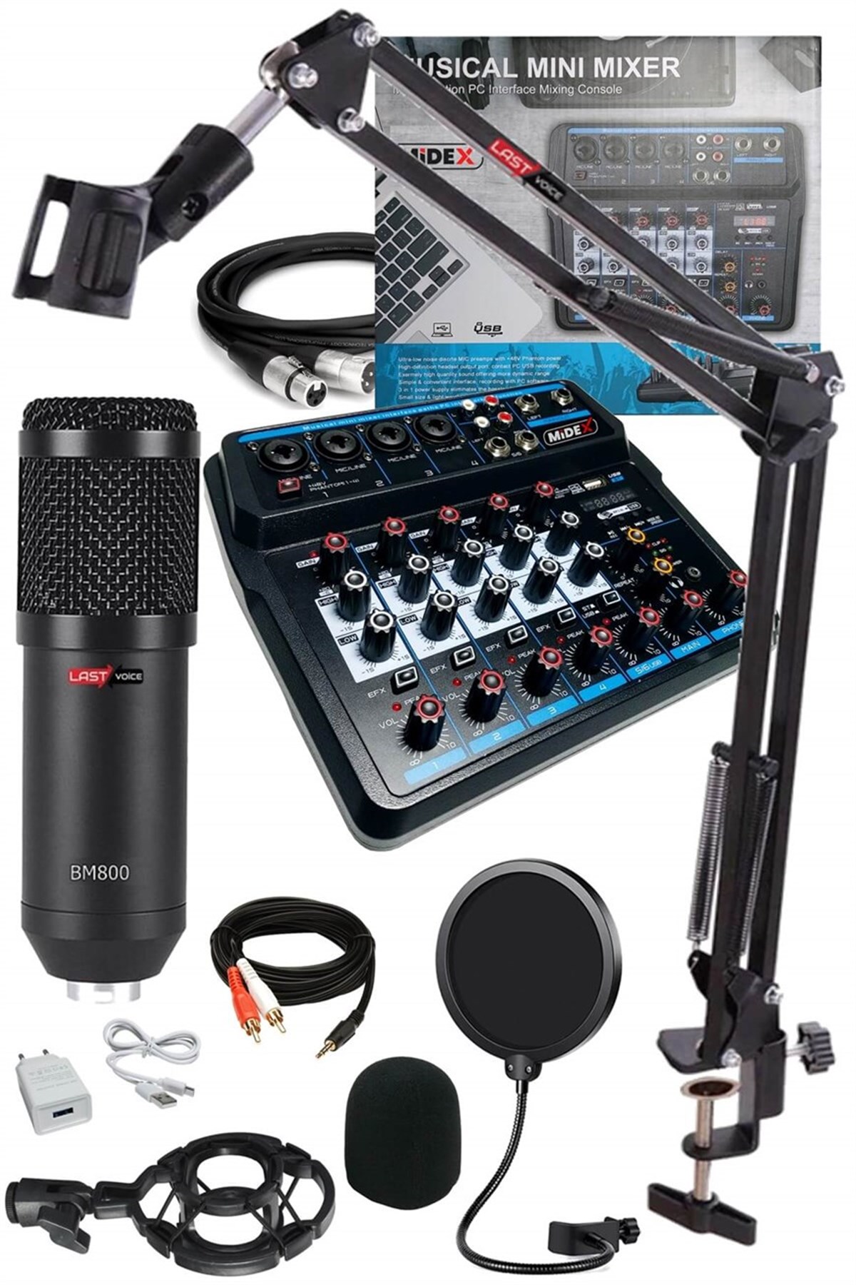 Midex Vokal Paket-2 CX1 Stüdyo Mikrofon 6 Kanal Stüdyo Kayıt Mikseri Kulaklık Ekipman Seti