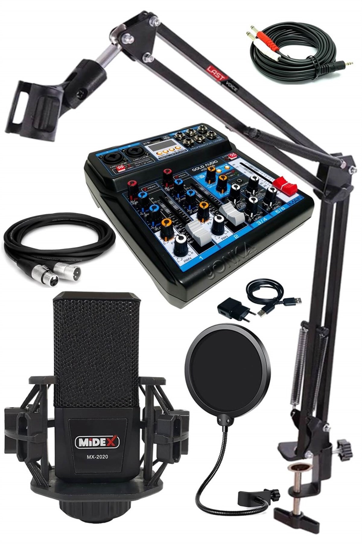 Lastvoice Rec Paket-3 Stüdyo Kayıt Paketi MX-2020 Mikrofon Phantomlu Mikser Kulaklık Stand Filtre