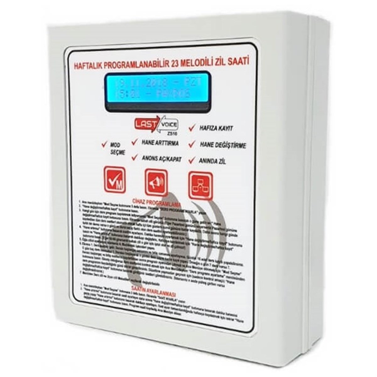 Lastvoice ZS-10 Programlanabilir Okul Zil Saati 23 Melodi