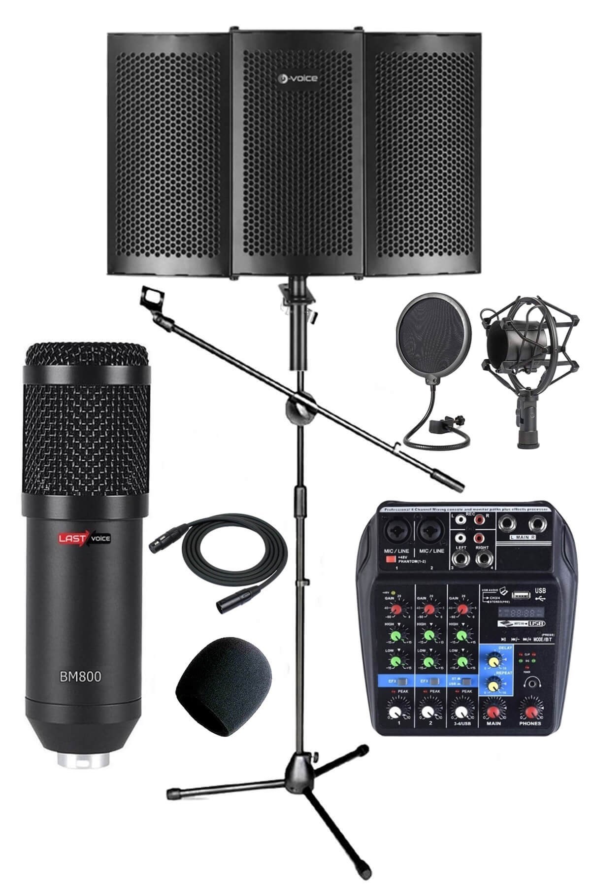 Lastvoice Pack Set-3 BM800 Mikrofon + Stand + Yalıtım Paneli + Filtre + Stüdyo Mikser
