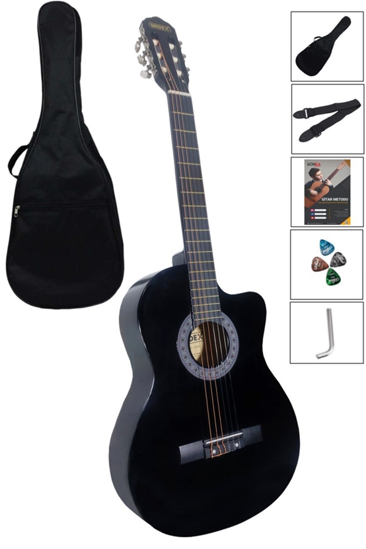 Midex CG-395BK Siyah Klasik Gitar 4/4 Sap Ayarlı Kesik Kasa Set (Çanta Askı Metod Pena)