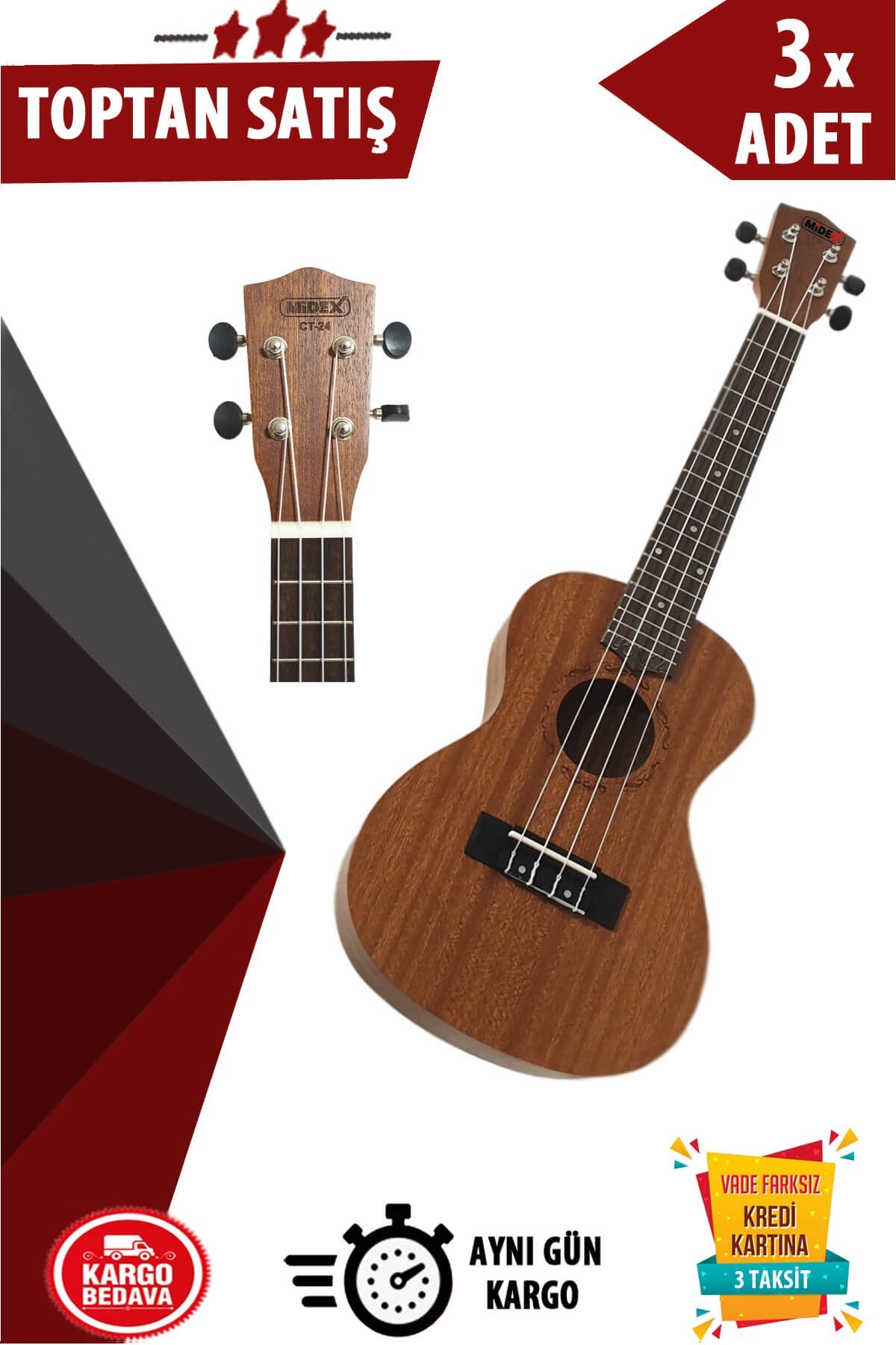 Midex CT-24M Set Concert Ukulele 3lü Paket (Toptan Alışveriş)