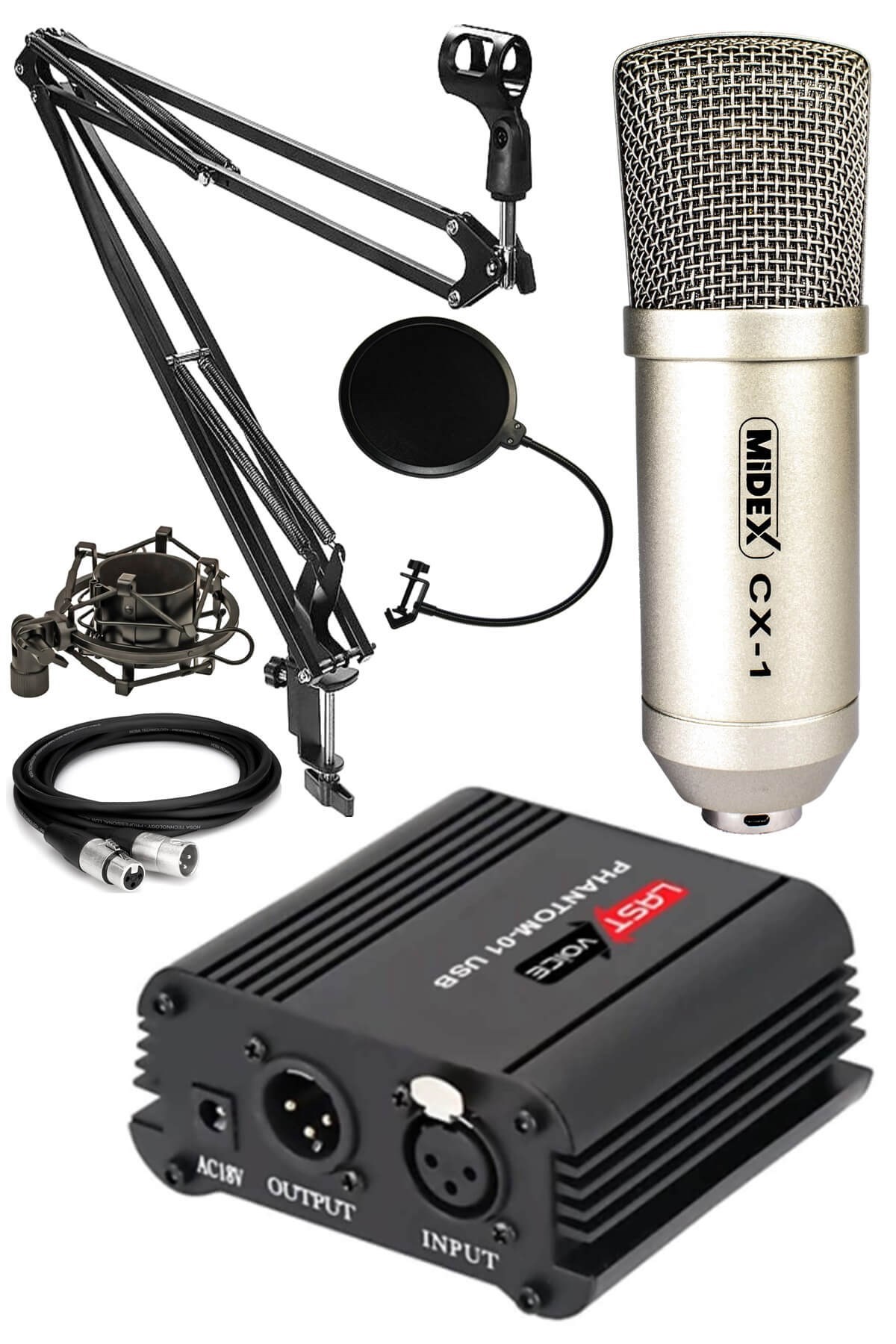 Midex CX1-PH Kondanser Stüdyo Mikrofon Phantom Power Kulaklık Stand Full Set