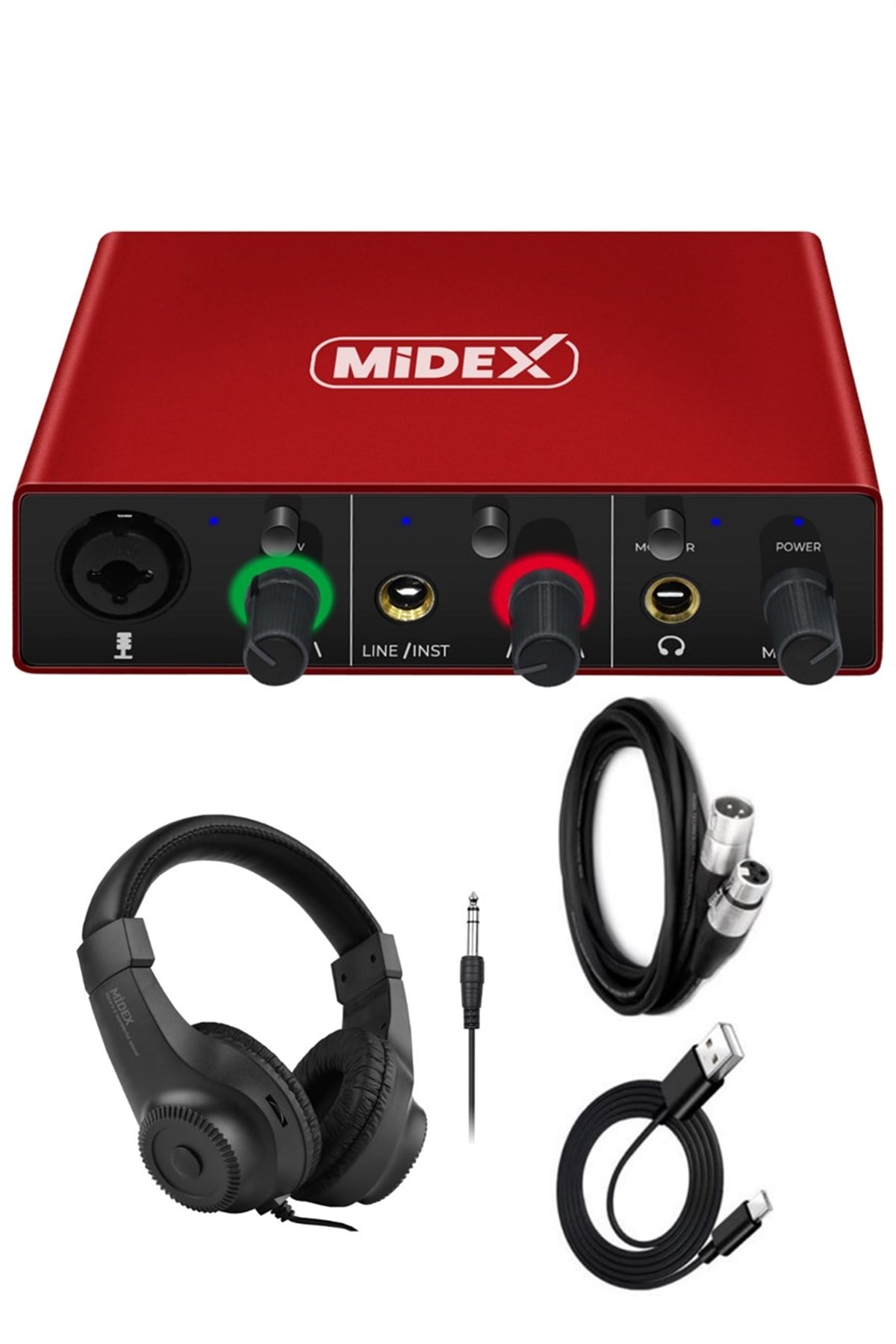 Midex GLX-500 PRO-HD 2 Giriş 2 Çıkış USB Stüdyo Ses Kartı Kulaklık ve XLR Kablo