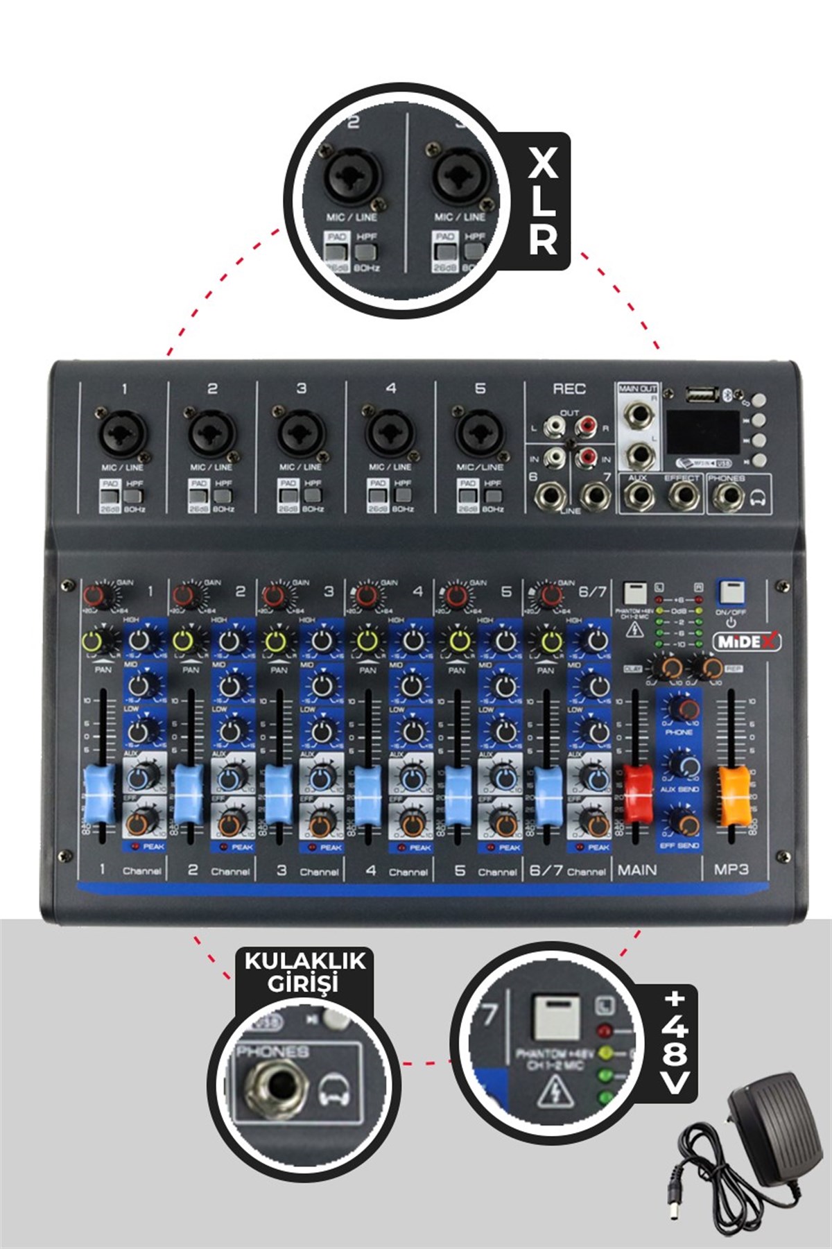 Midex MDX-07FXU 7 Kanal Ses Mikseri Deck Mikser (Kayıt Bluetooth USB Efekt)
