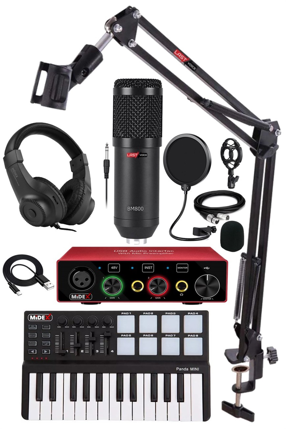 Midex Midi Paket-1 Stüdyo Ekipmanları Seti Ses Kartı Midi Klavye Mikrofon Kulaklık