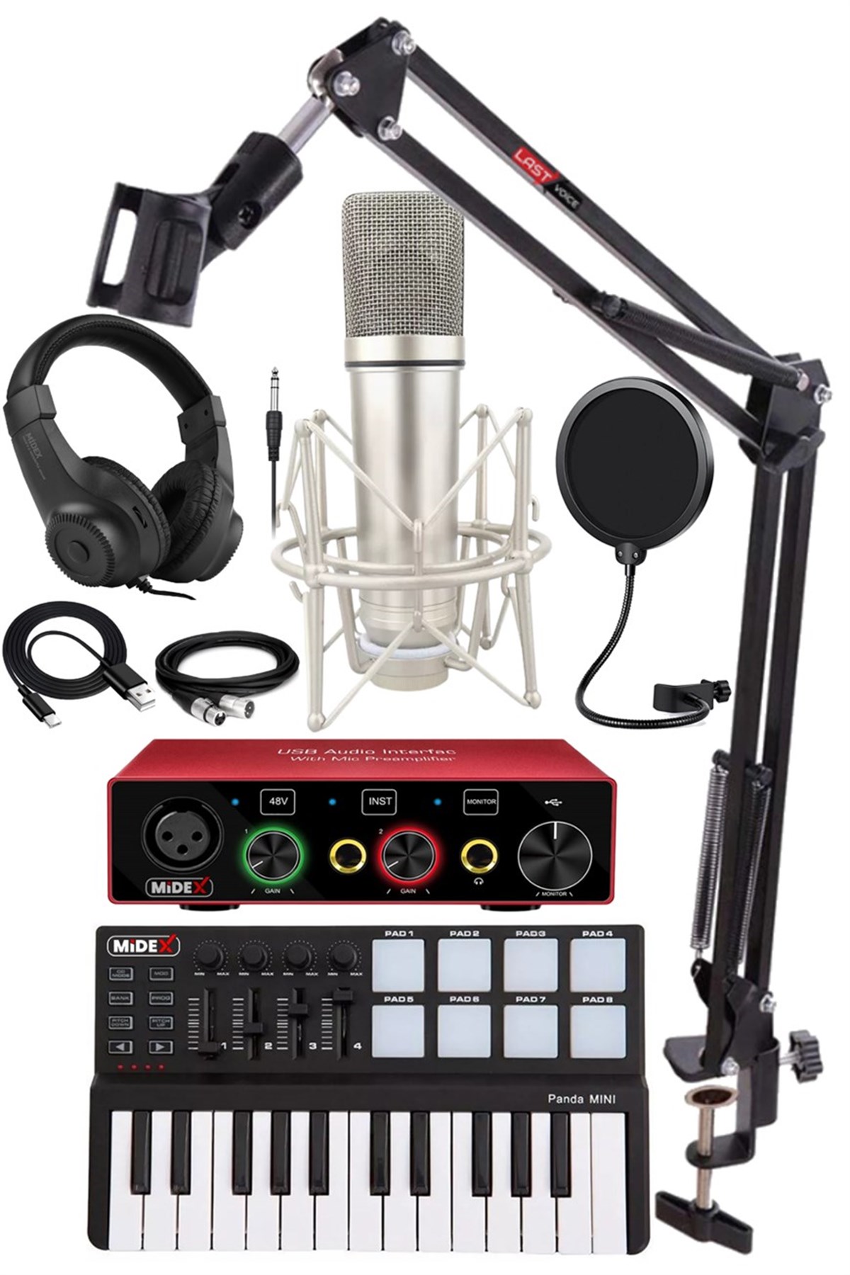 Midex Midi Paket-3 Stüdyo Ekipmanları Seti Ses Kartı Midi Klavye Mikrofon Kulaklık